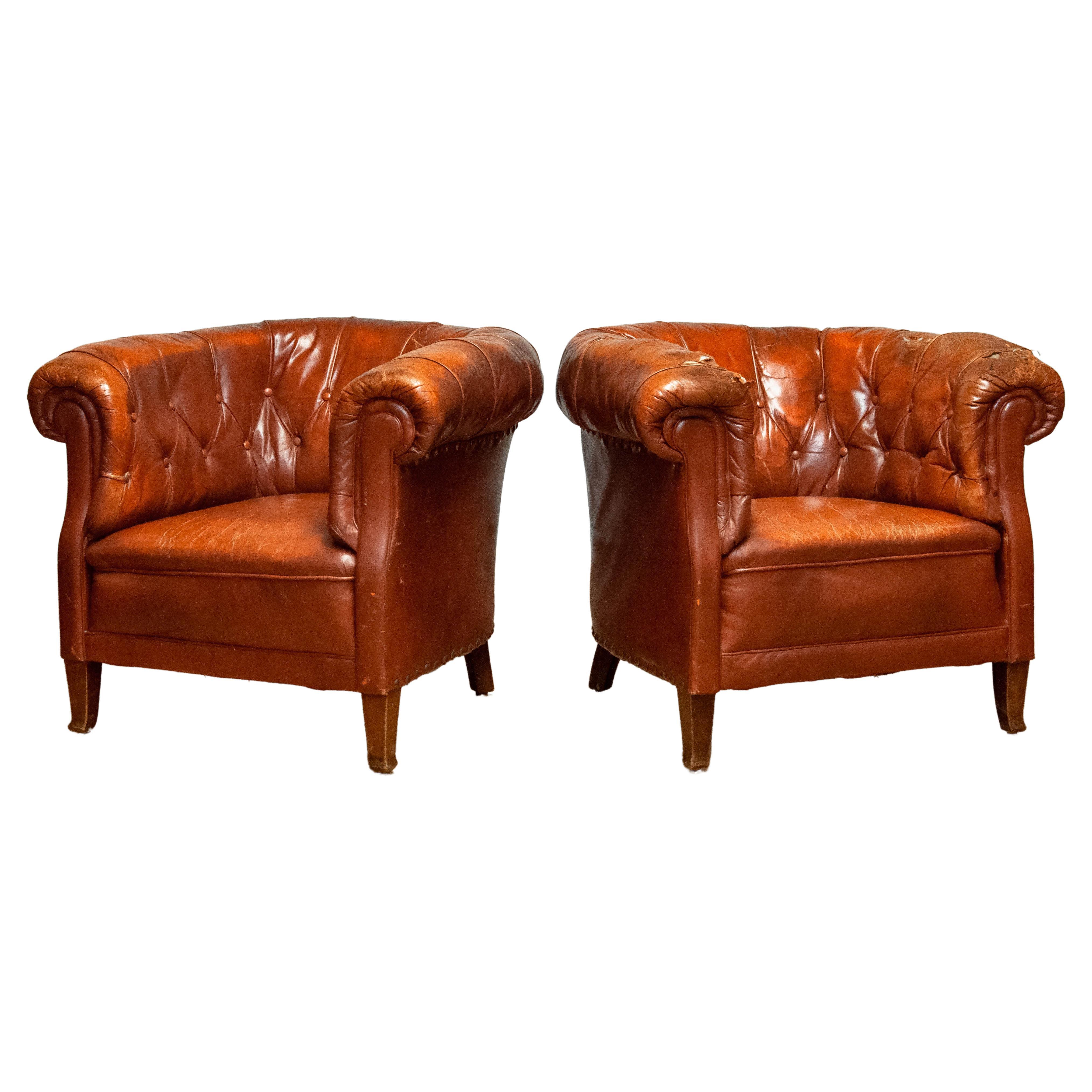 Pair 1940s Swedish Tufted Club Chair 'Chesterfield Model' Tan Brown Worn Leather