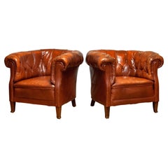 Vintage Pair 1940s Swedish Tufted Club Chair 'Chesterfield Model' Tan Brown Worn Leather