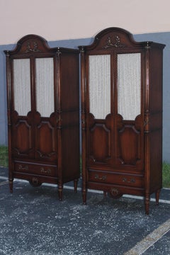 Pair 1940's Tall Hollywood Regency Dark Walnut Chiffoniers/ Tall Boys/ Wardrobes