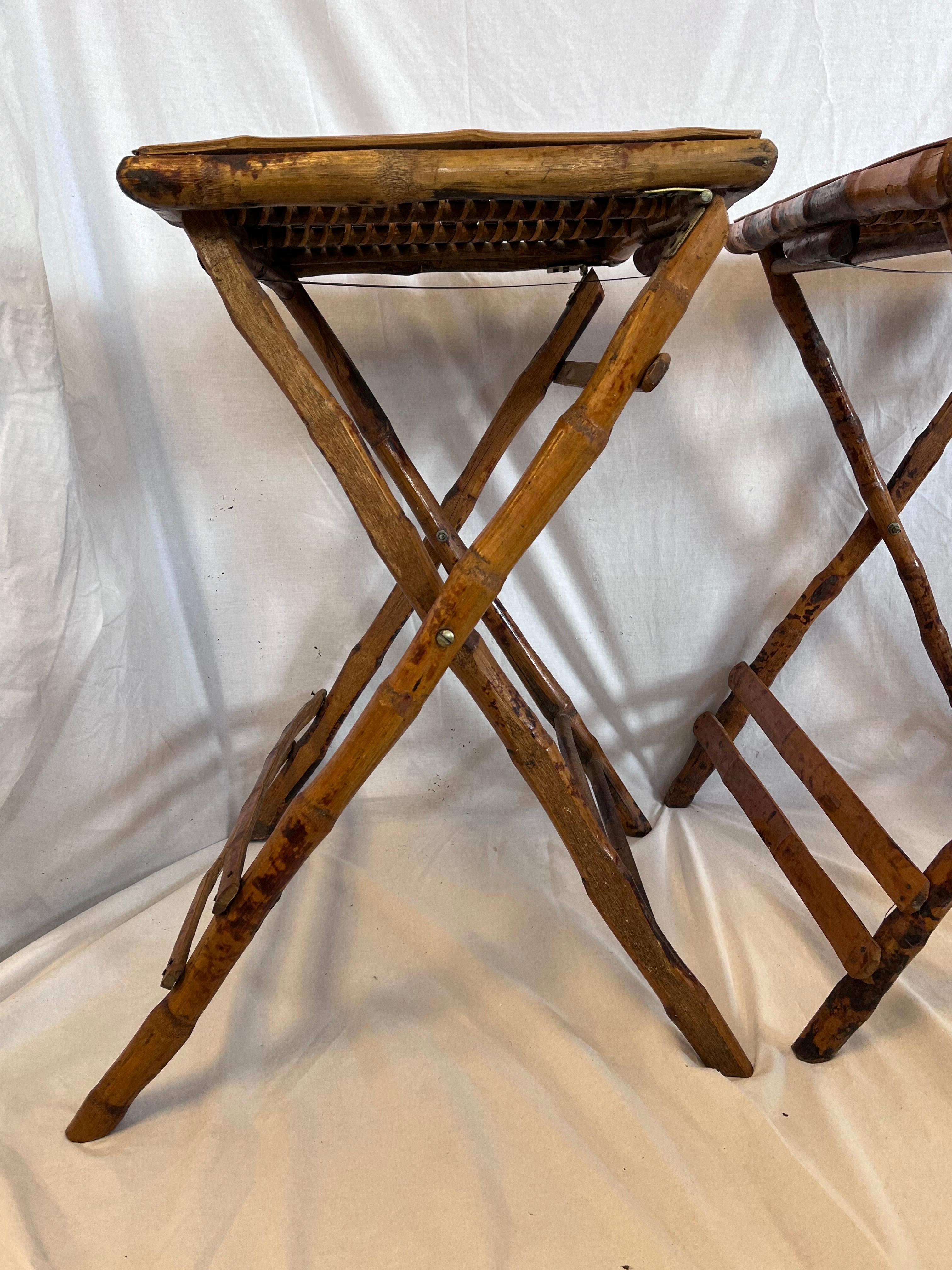 Pair 1940’s Tortoise Bamboo Folding or Tray Tables or Nightstands or End Tables 5