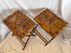 Pair 1940’s Tortoise Bamboo Folding or Tray Tables or Nightstands or End Tables