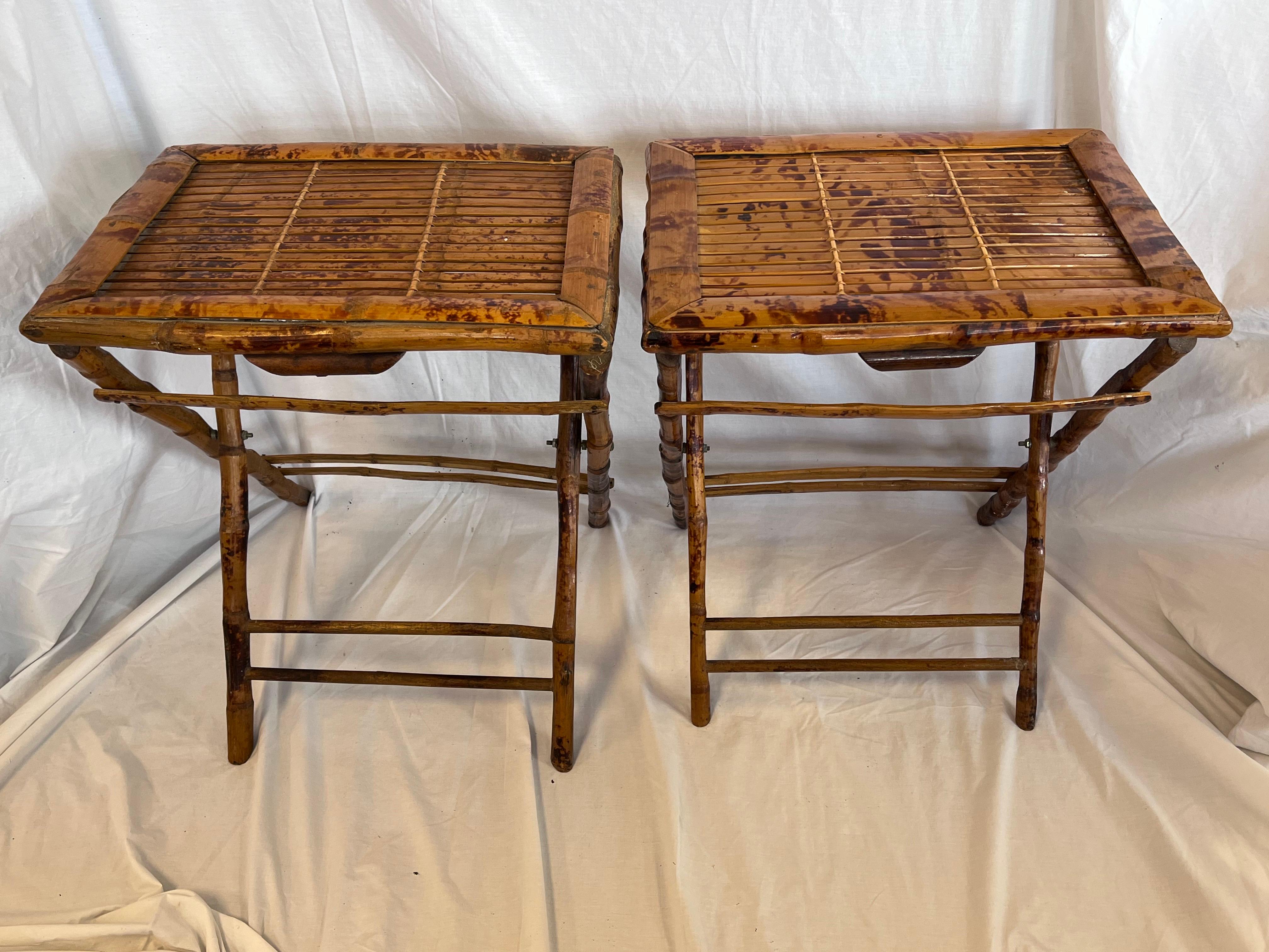 Mid-Century Modern Pair 1940’s Tortoise Bamboo Folding or Tray Tables or Nightstands or End Tables