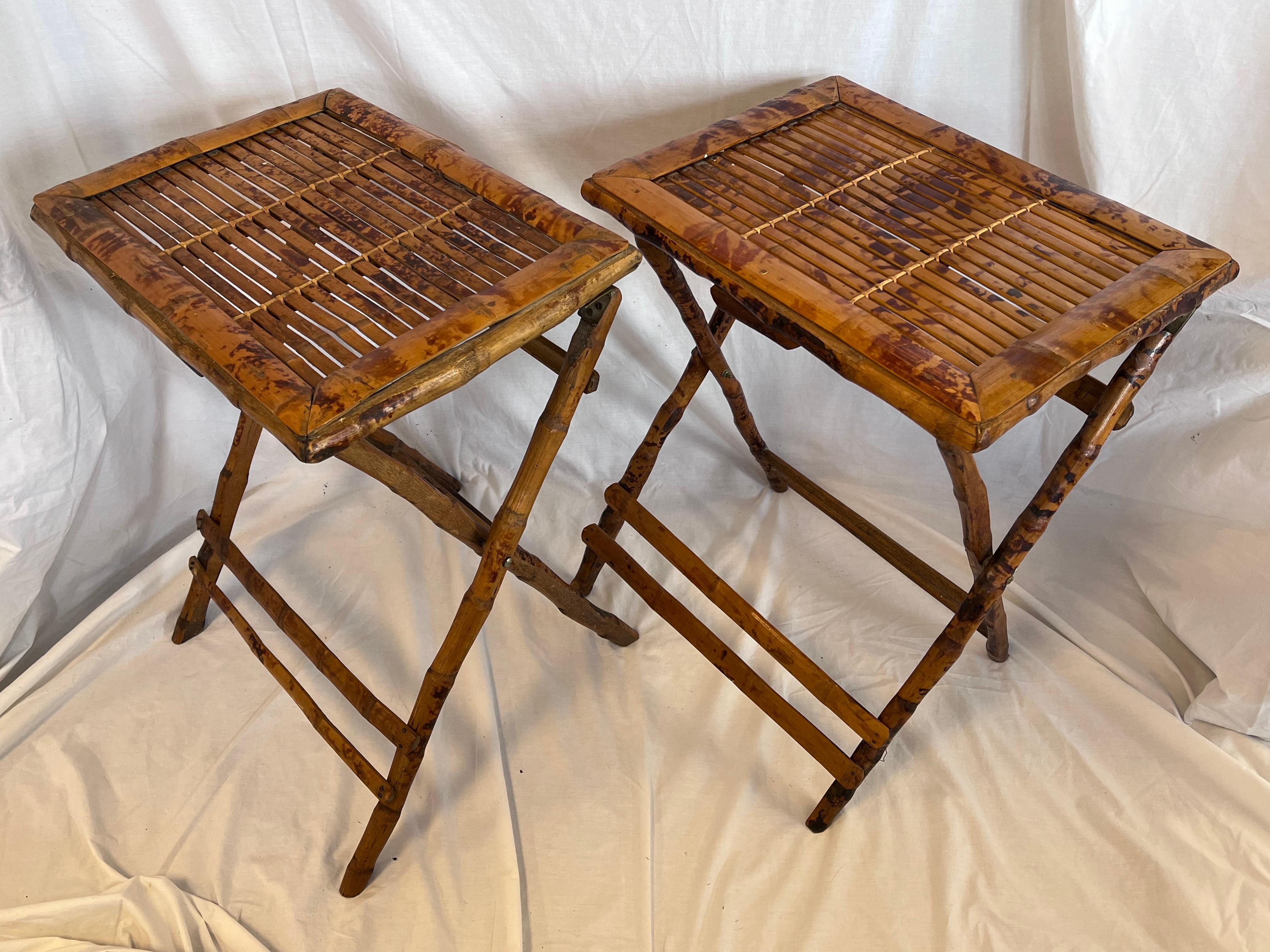 Pair 1940’s Tortoise Bamboo Folding or Tray Tables or Nightstands or End Tables In Good Condition In Atlanta, GA