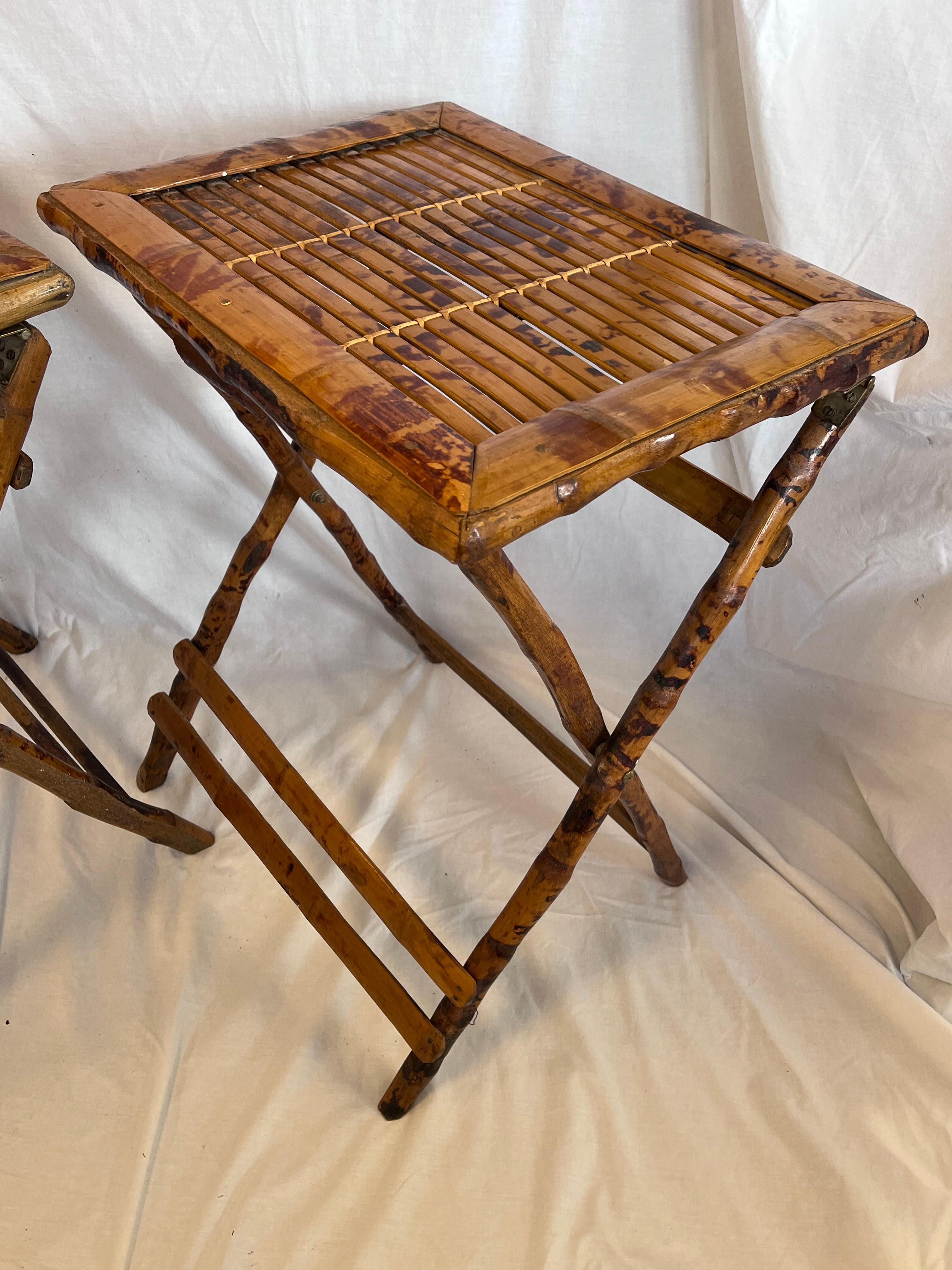 20th Century Pair 1940’s Tortoise Bamboo Folding or Tray Tables or Nightstands or End Tables