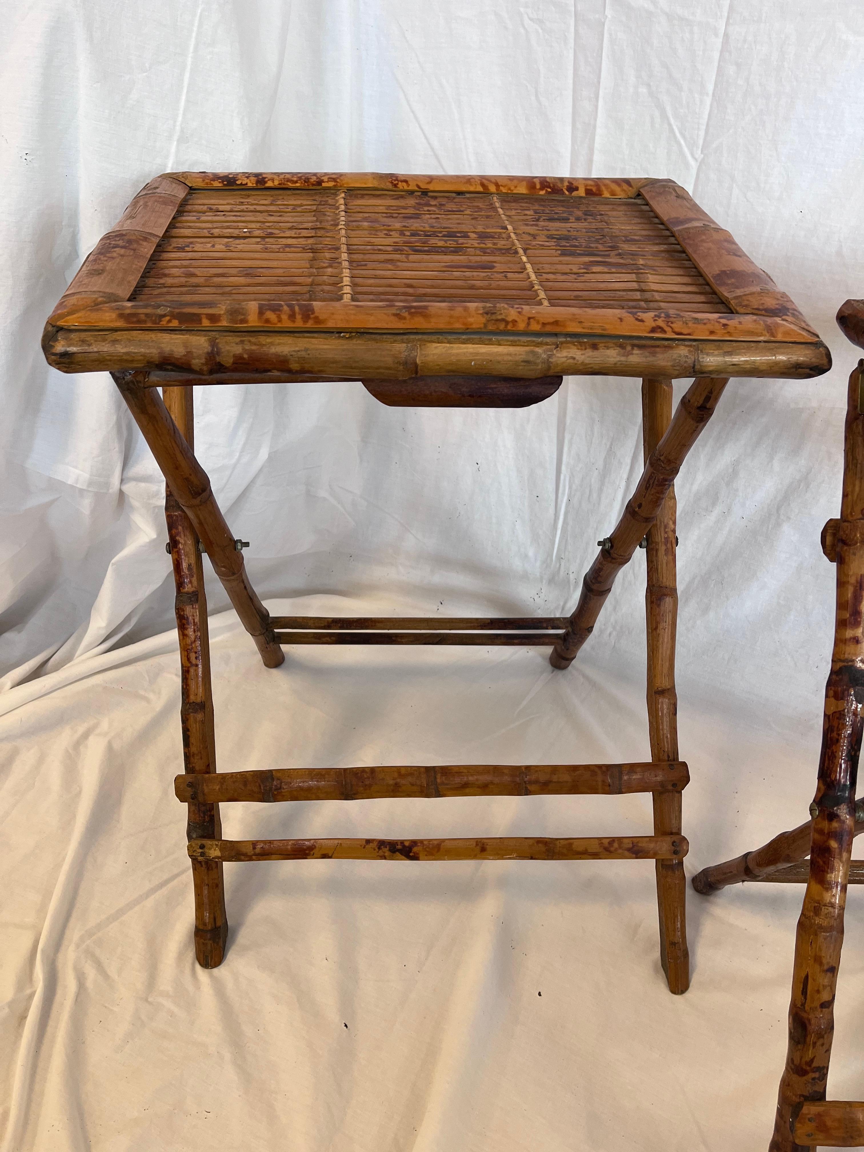 Pair 1940’s Tortoise Bamboo Folding or Tray Tables or Nightstands or End Tables 1