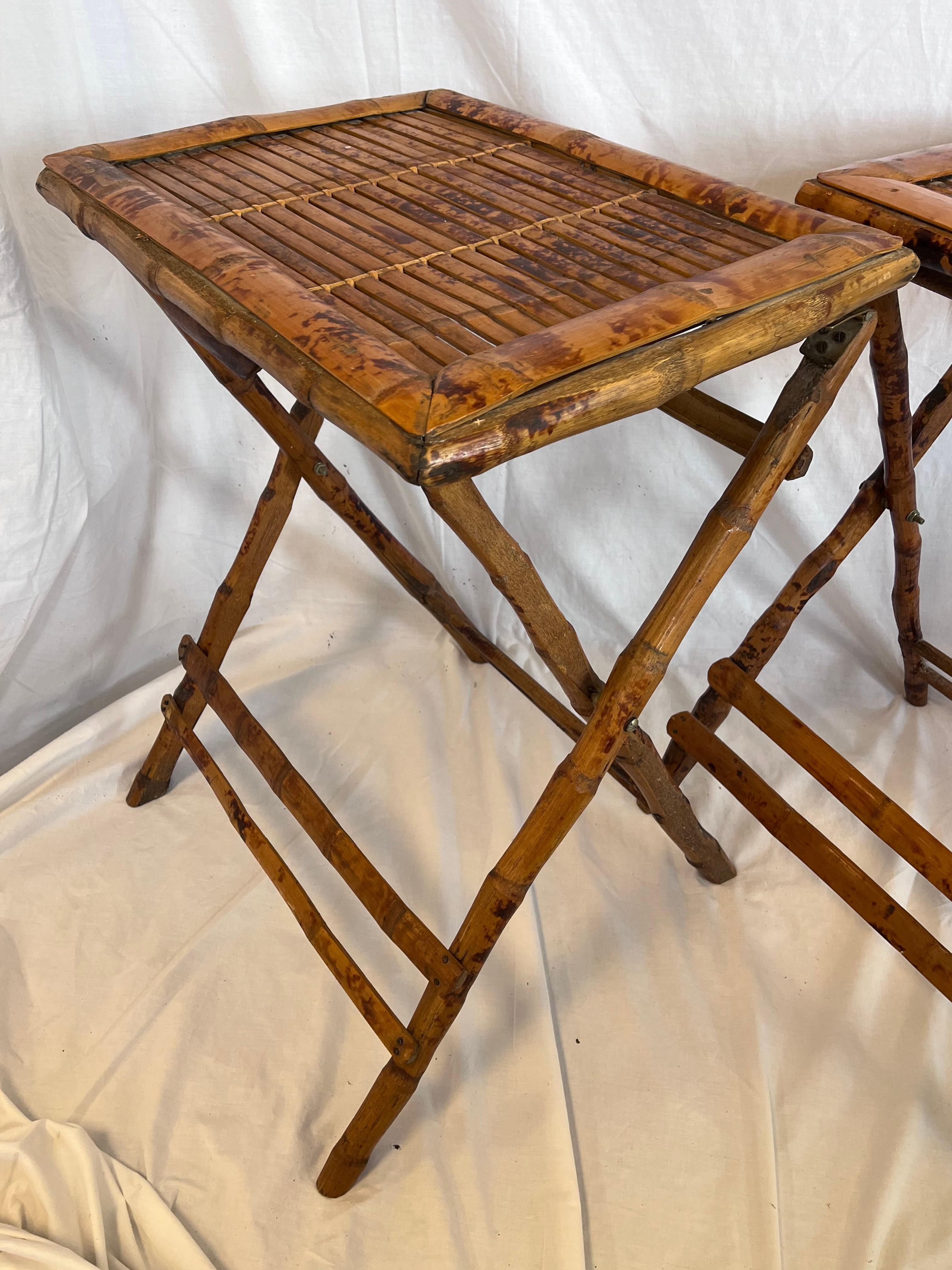Pair 1940’s Tortoise Bamboo Folding or Tray Tables or Nightstands or End Tables 2