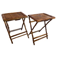 Pair 1940’s Tortoise Bamboo Folding or Tray Tables or Nightstands or End Tables