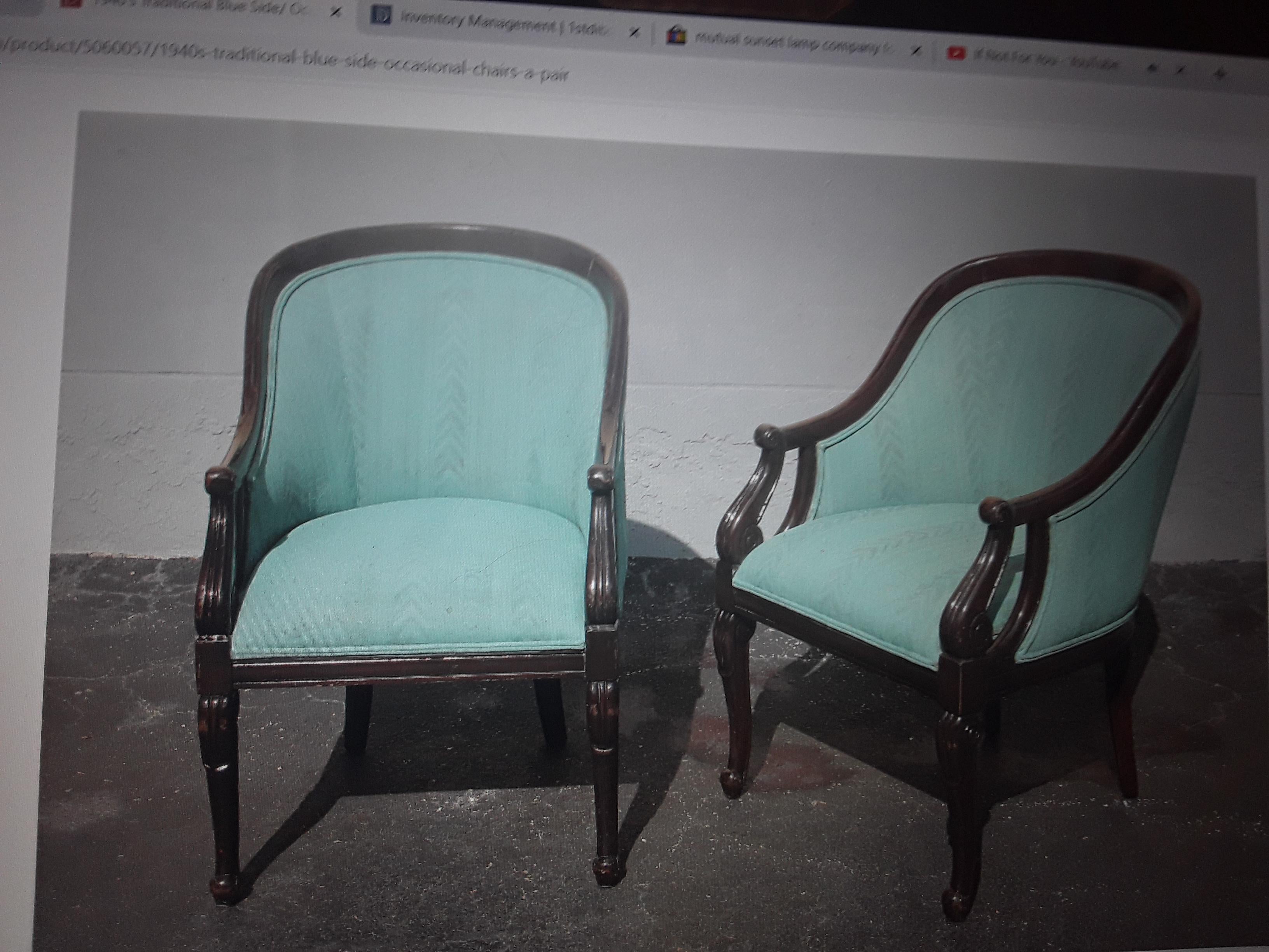 Paar 1940's Traditionell - Blau - Geschnitzt Akzent/ Beistelltisch/ Stühle im Angebot 4
