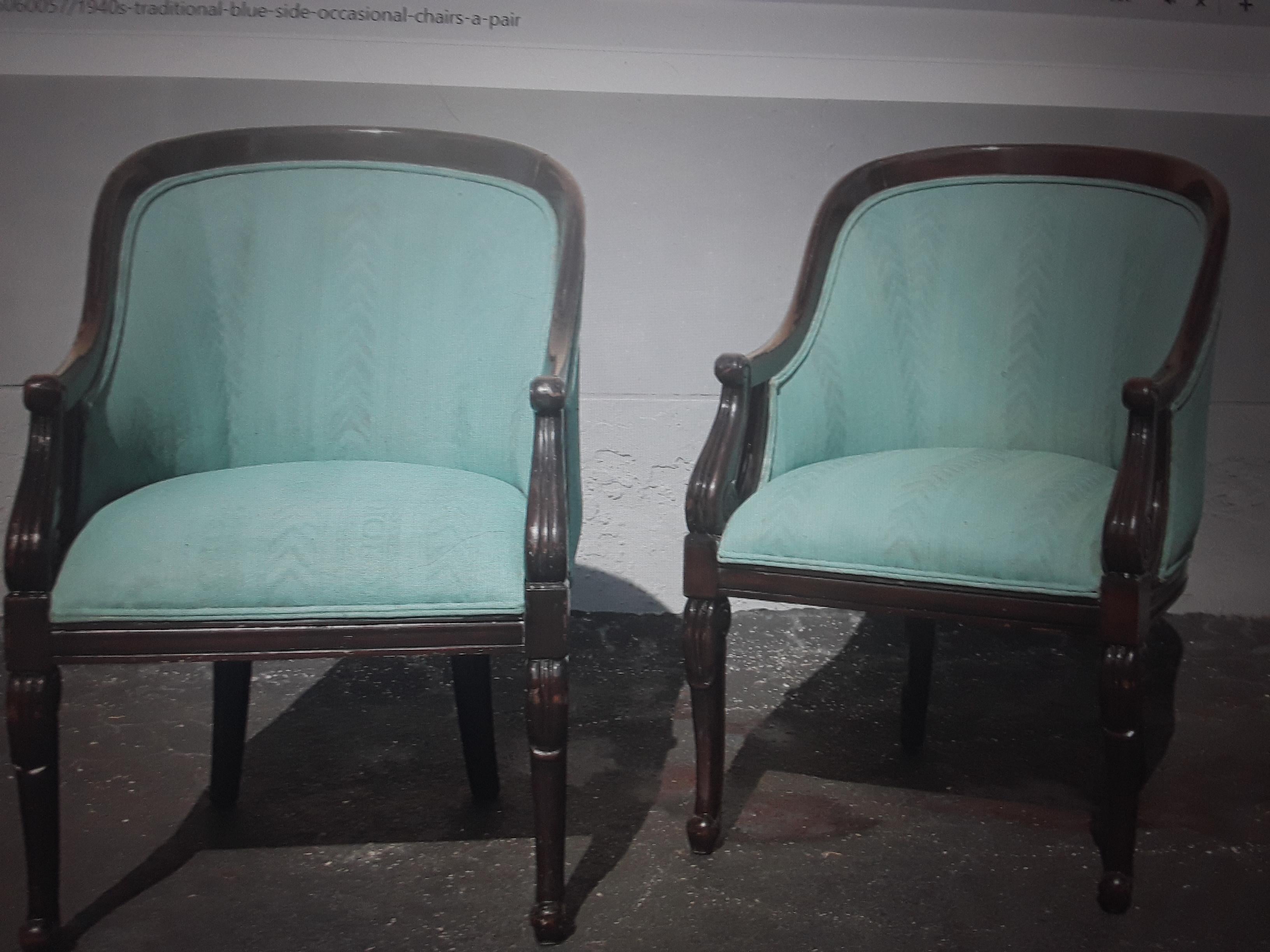 Pair 1940's Traditional - Blue - Carved Accent/ Occasional/ Side Chairs For Sale 5