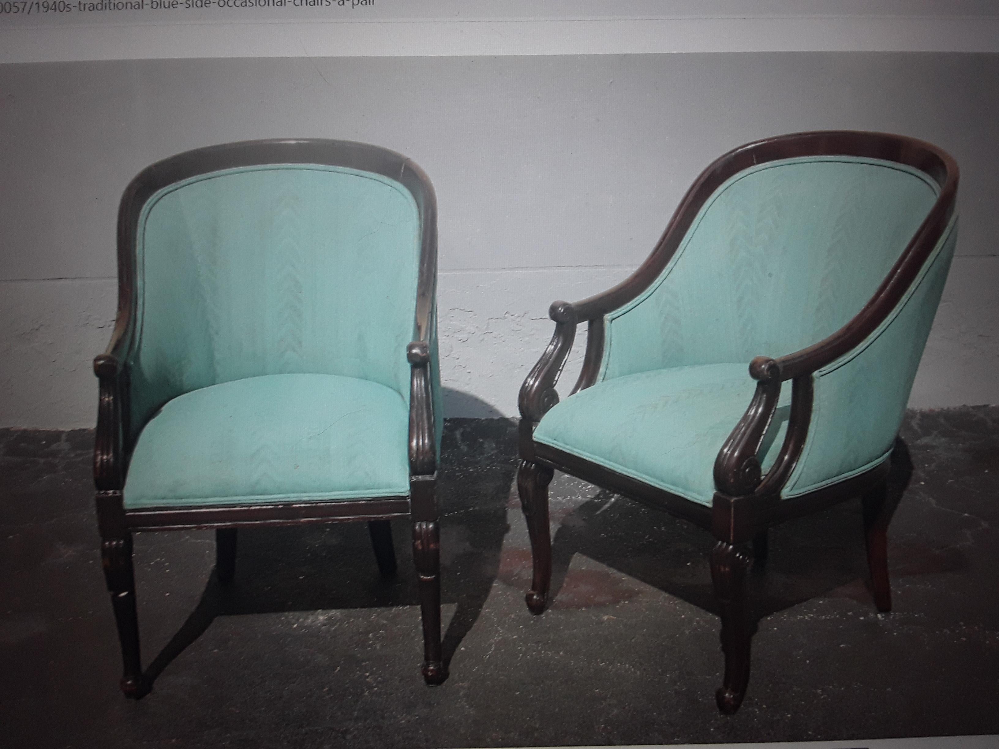 Hollywood Regency Pair 1940's Traditional - Blue - Carved Accent/ Occasional/ Side Chairs For Sale