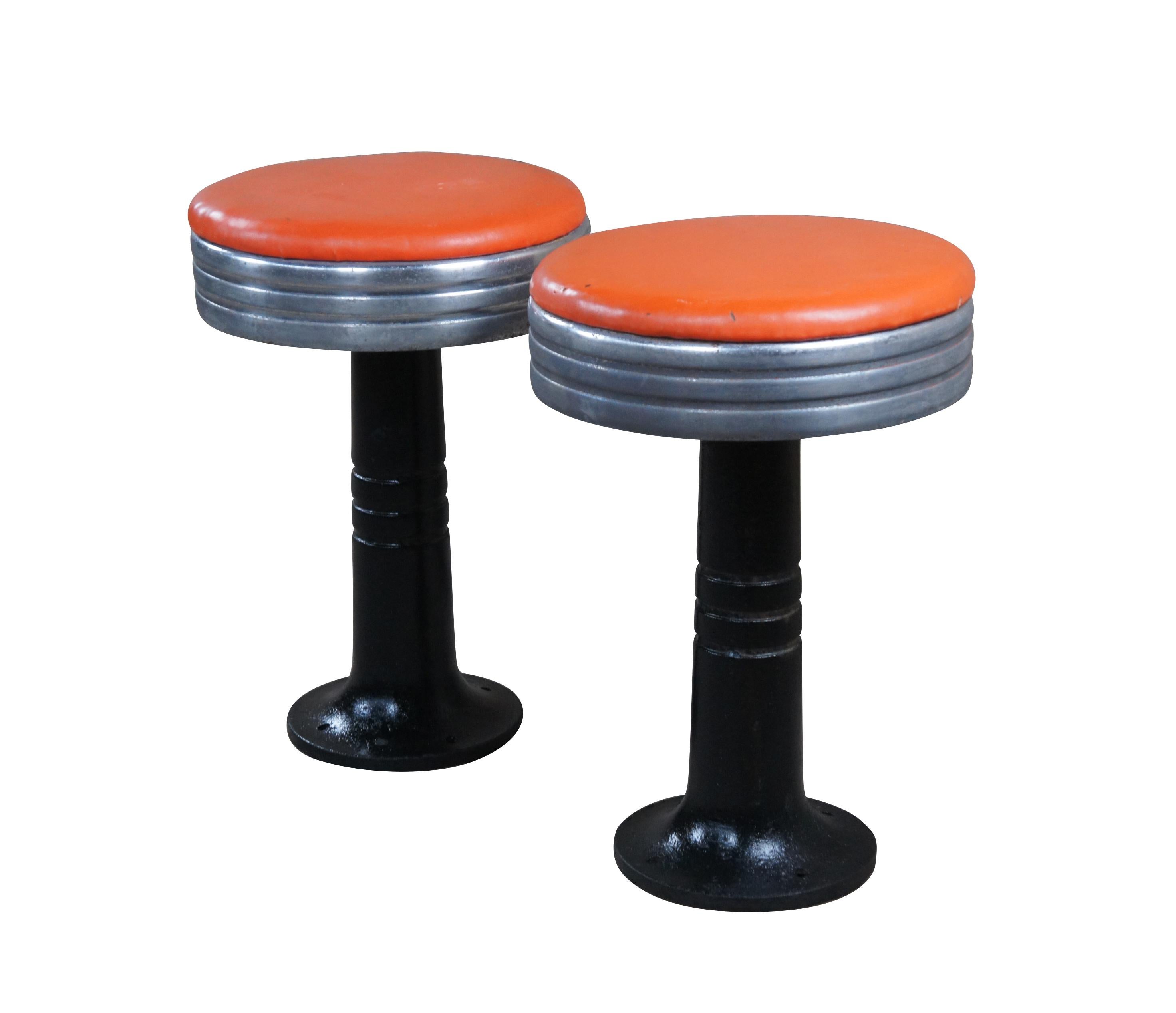 Mid-Century Modern Pair 1940s Vintage Chrome Swivel Soda Fountain Ice Cream Bar Diner Stools Orange For Sale