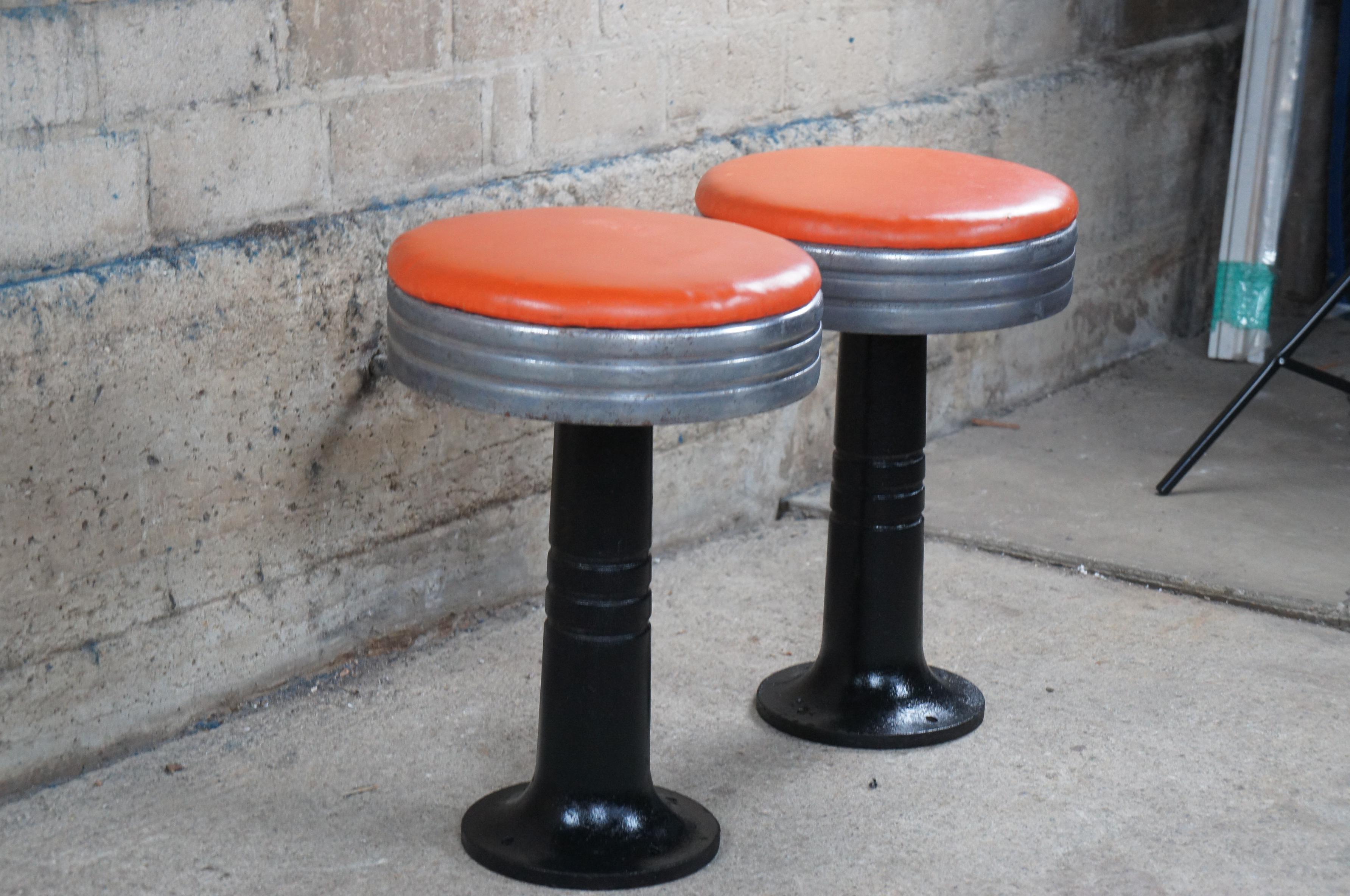 Pair 1940s Vintage Chrome Swivel Soda Fountain Ice Cream Bar Diner Stools Orange In Good Condition For Sale In Dayton, OH