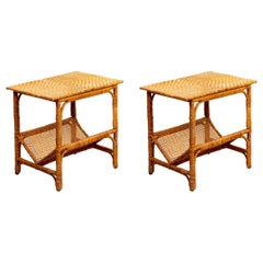 Vintage Pair 1940s Woven Rattan End Tables