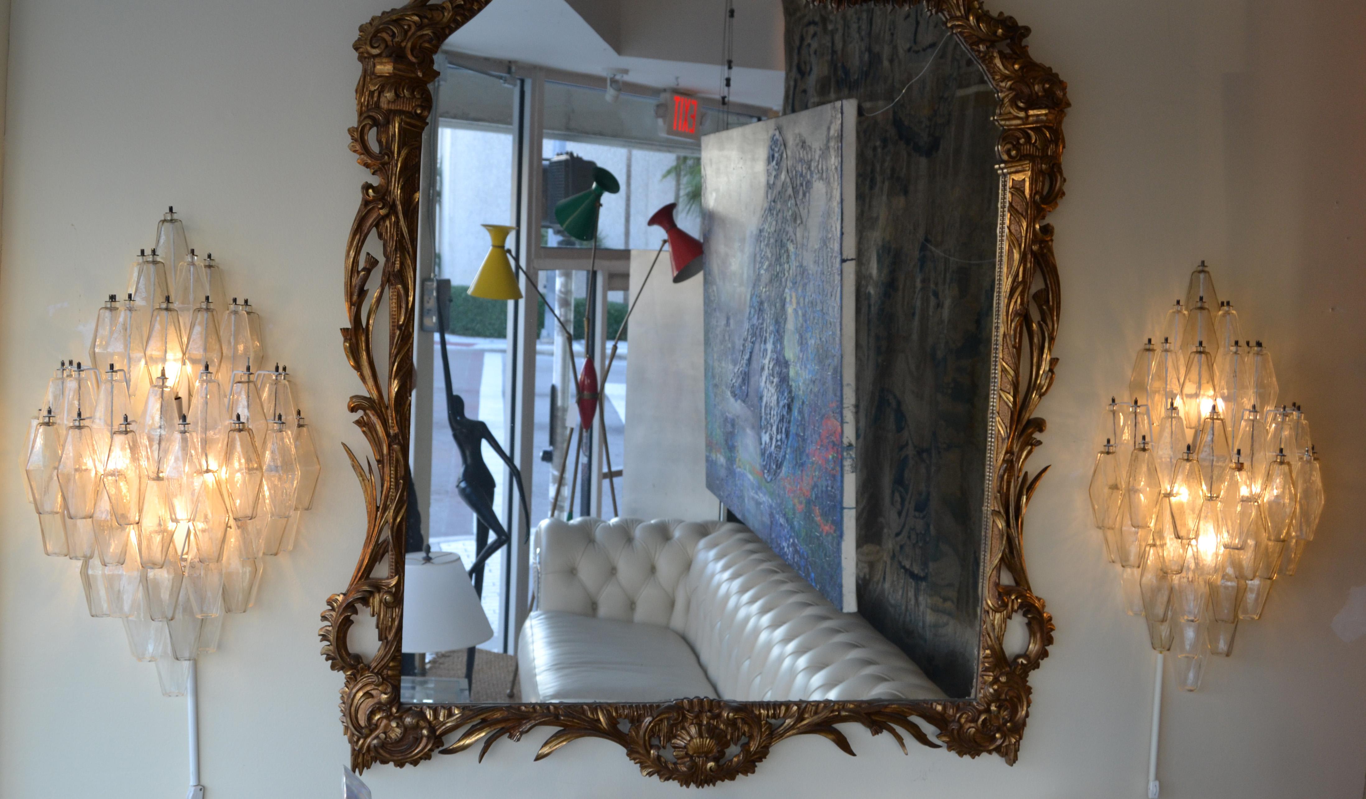 Pair of large Art Deco Sconces with polyhedral shaped blown glass ornaments.
Designed by Carlo Scarpa for Venini Italy and made circa 1950.
In perfect working condition and takes E-14 candelabra light bulbs.

L-659-335