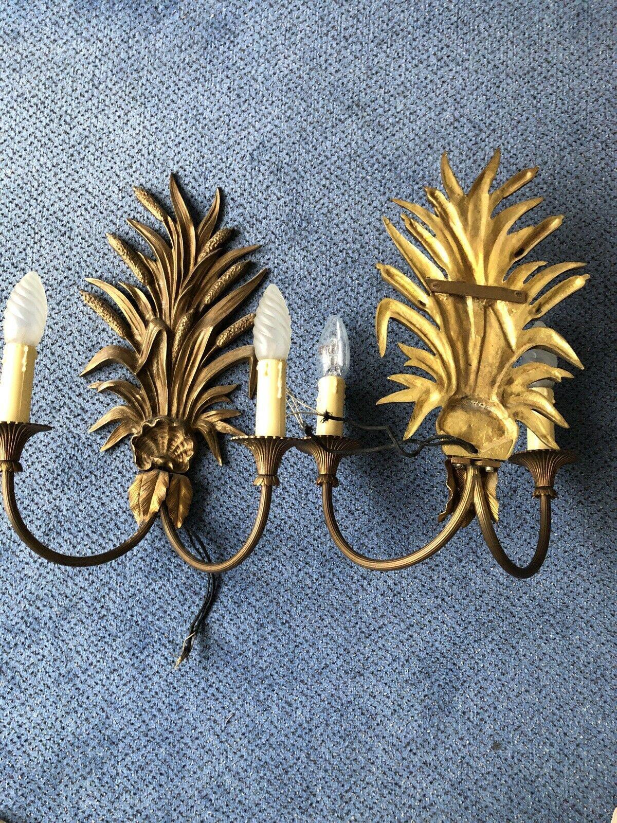 Pair 1950 Mid Century Gilt Bronze Sheaf of Wheat Wall Sconces by Maison Bagues For Sale 5