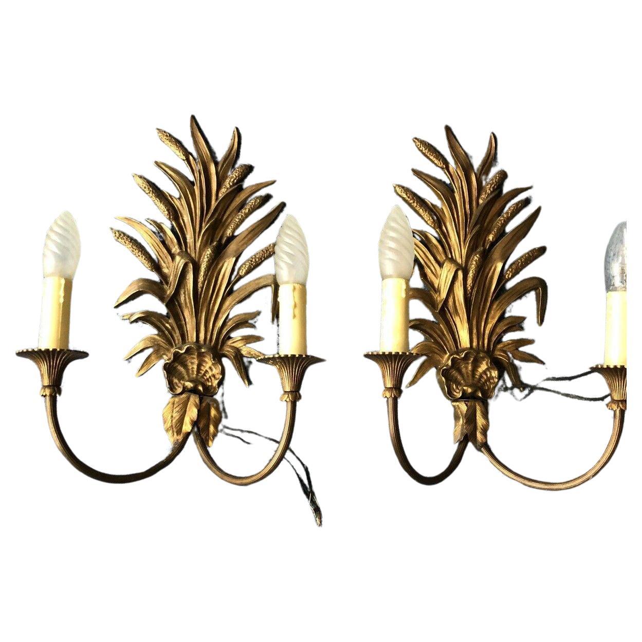 Pair 1950 Mid Century Gilt Bronze Sheaf of Wheat Wall Sconces by Maison Bagues For Sale