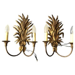 Pair 1950 Mid Century Gilt Bronze Sheaf of Wheat Wall Sconces by Maison Bagues