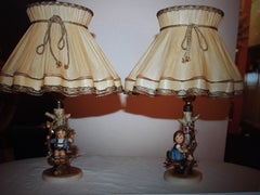Pair 1950s /60s Signed Hummel Figurine Table Lamps Boy and Girl Under Apple Tree