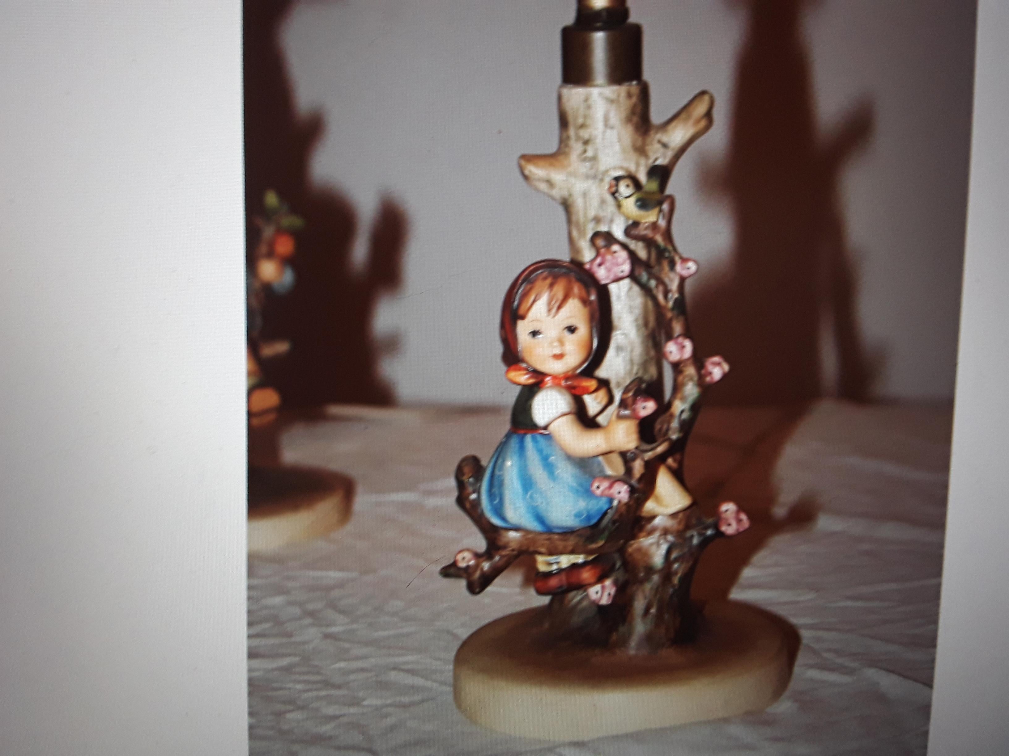 Mid-Century Modern Pair 1950s /60s Signed Hummel Figurine Table Lamps Boy and Girl Under Apple Tree For Sale