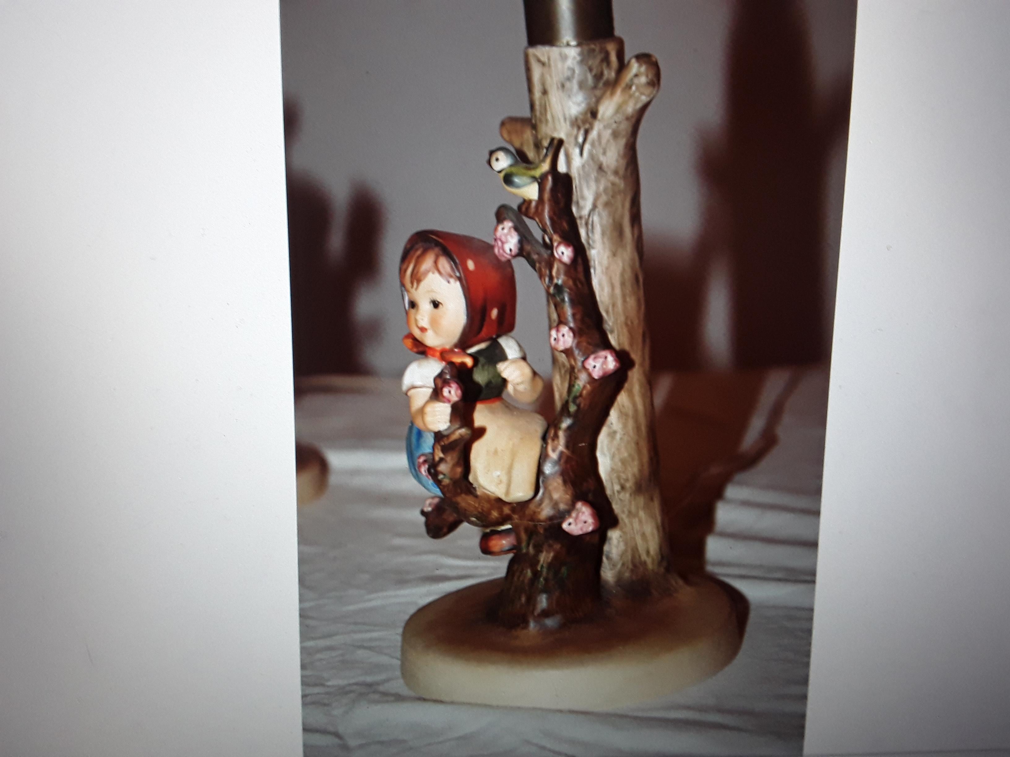 German Pair 1950s /60s Signed Hummel Figurine Table Lamps Boy and Girl Under Apple Tree For Sale