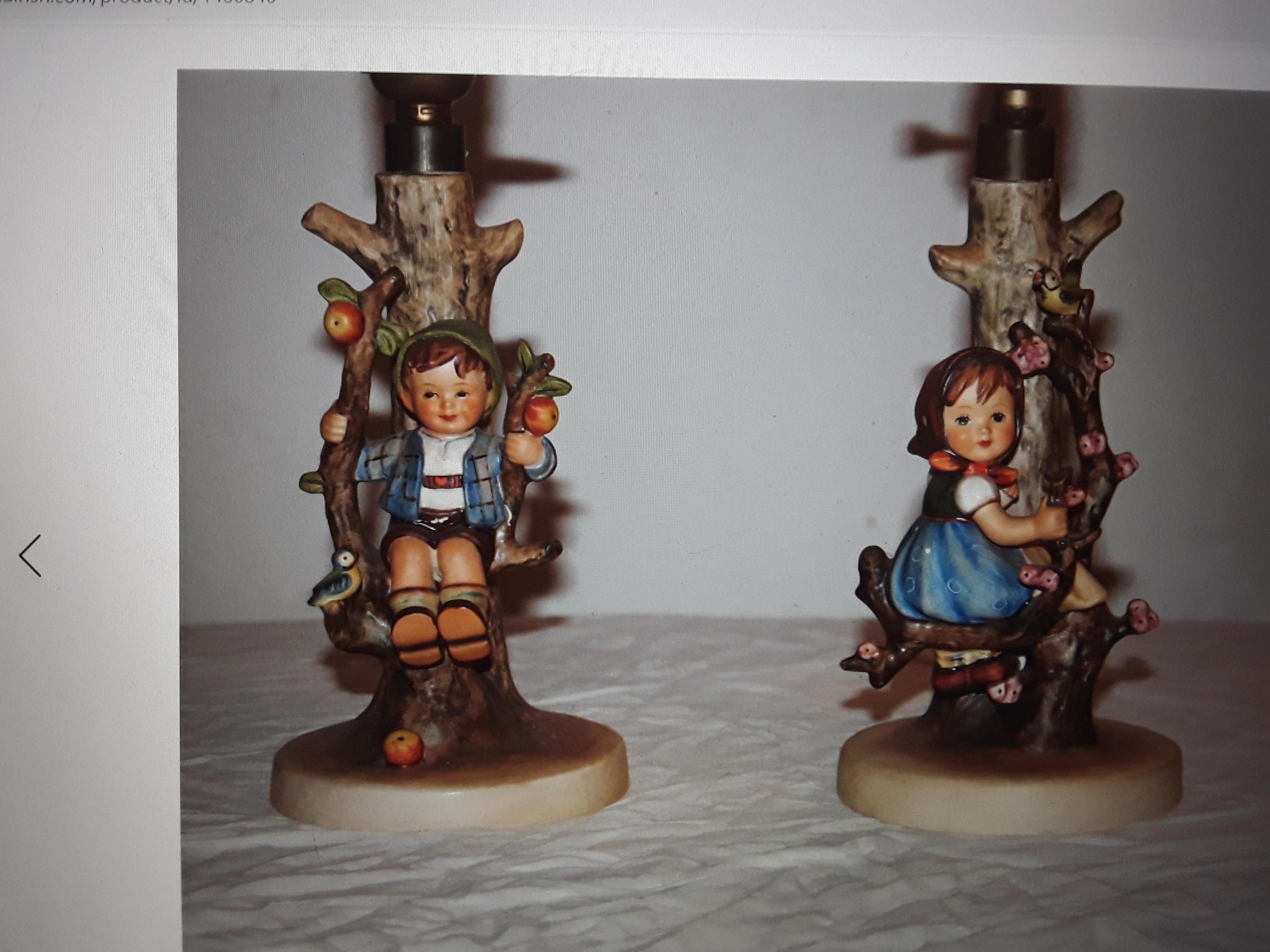 Mid-20th Century Pair 1950s /60s Signed Hummel Figurine Table Lamps Boy and Girl Under Apple Tree For Sale