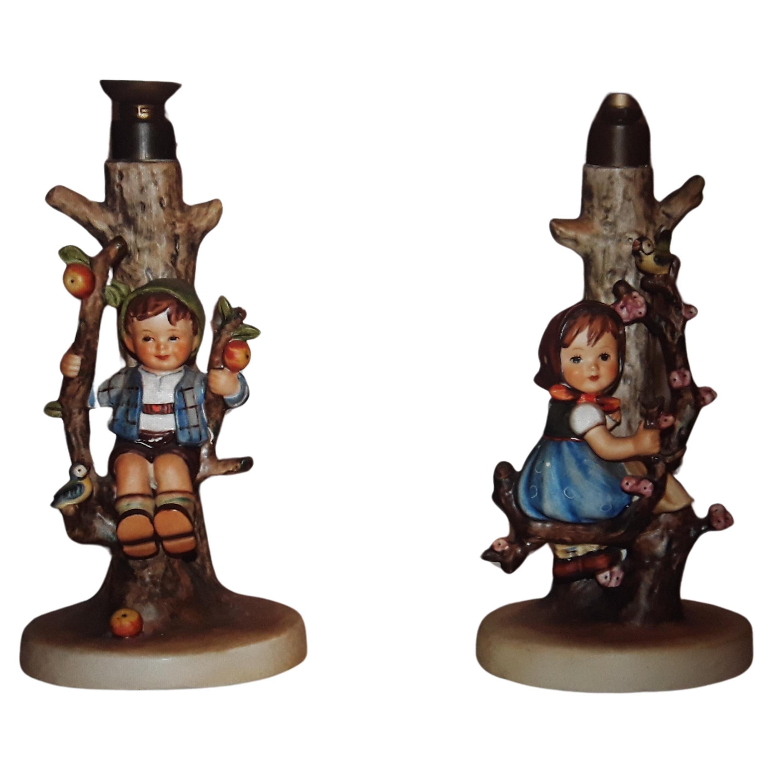 Pair 1950s /60s Signed Hummel Figurine Table Lamps Boy and Girl Under Apple Tree
