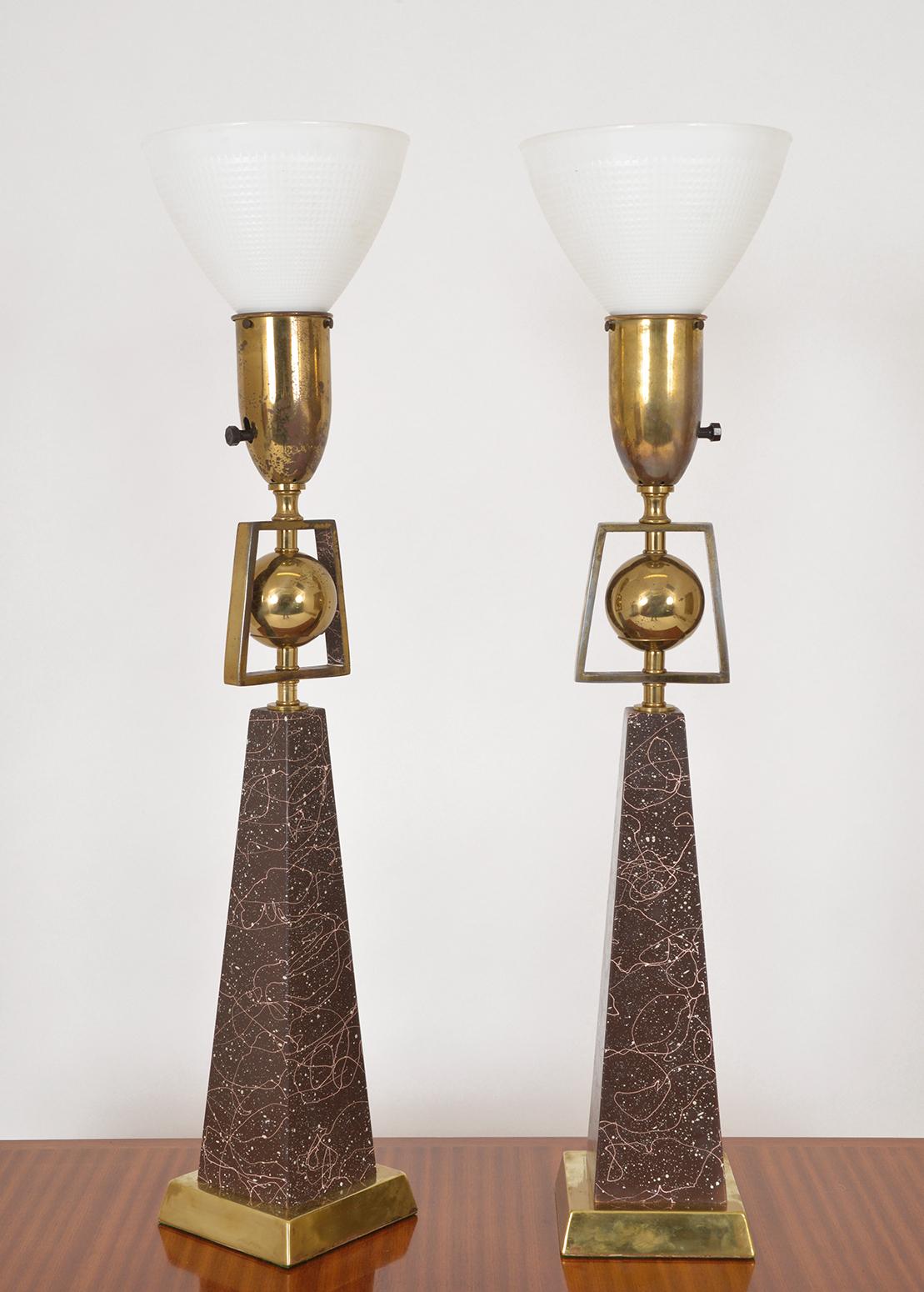 Brass Pair of American Mid-Century Modern Obelisk Table Lamps by Rembrandt Lighting