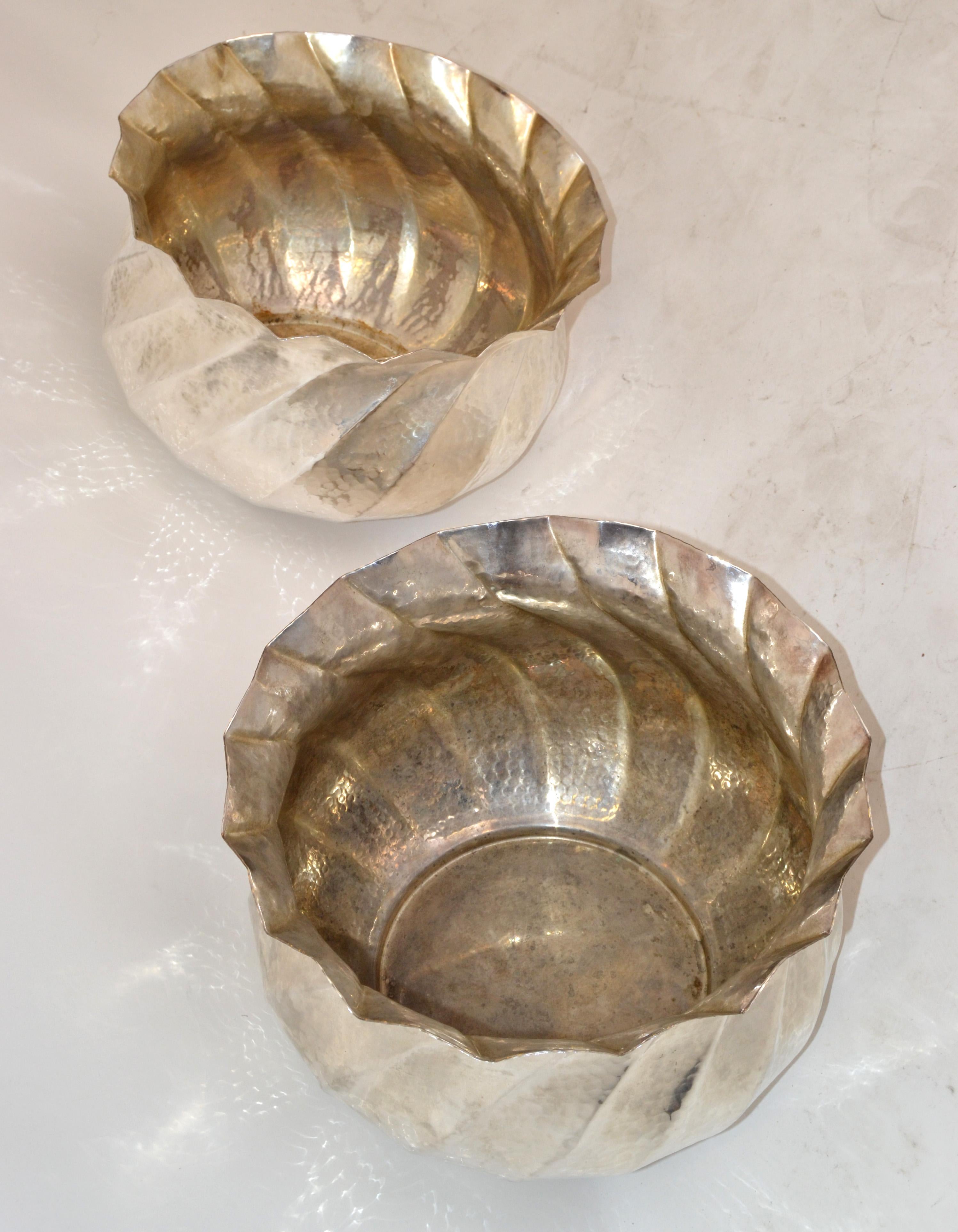 Pair, 1950s Arts And Crafts Silver Plated Large Hammered and Scalloped Planters For Sale 6