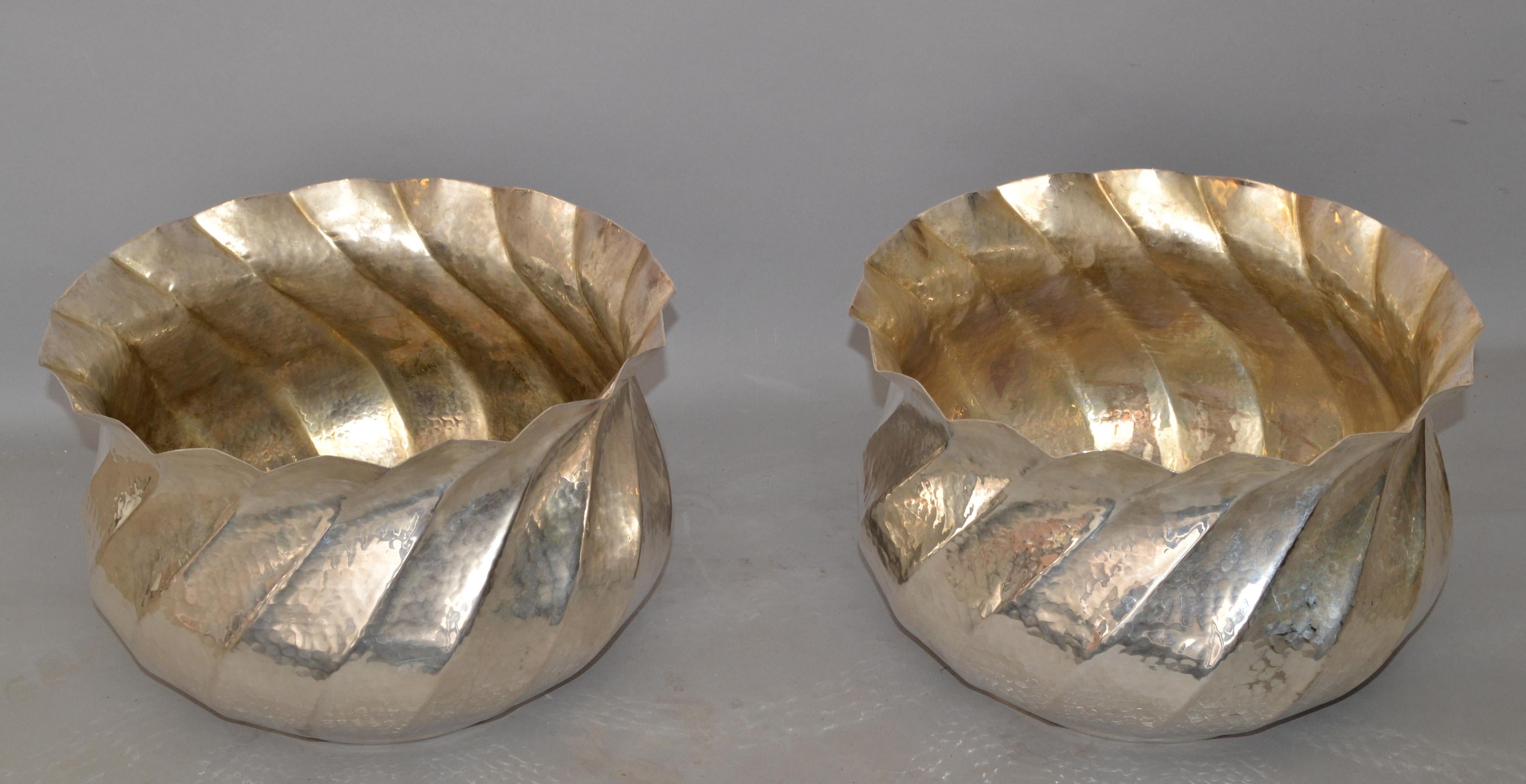 Arts and Crafts Pair, 1950s Arts And Crafts Silver Plated Large Hammered and Scalloped Planters For Sale