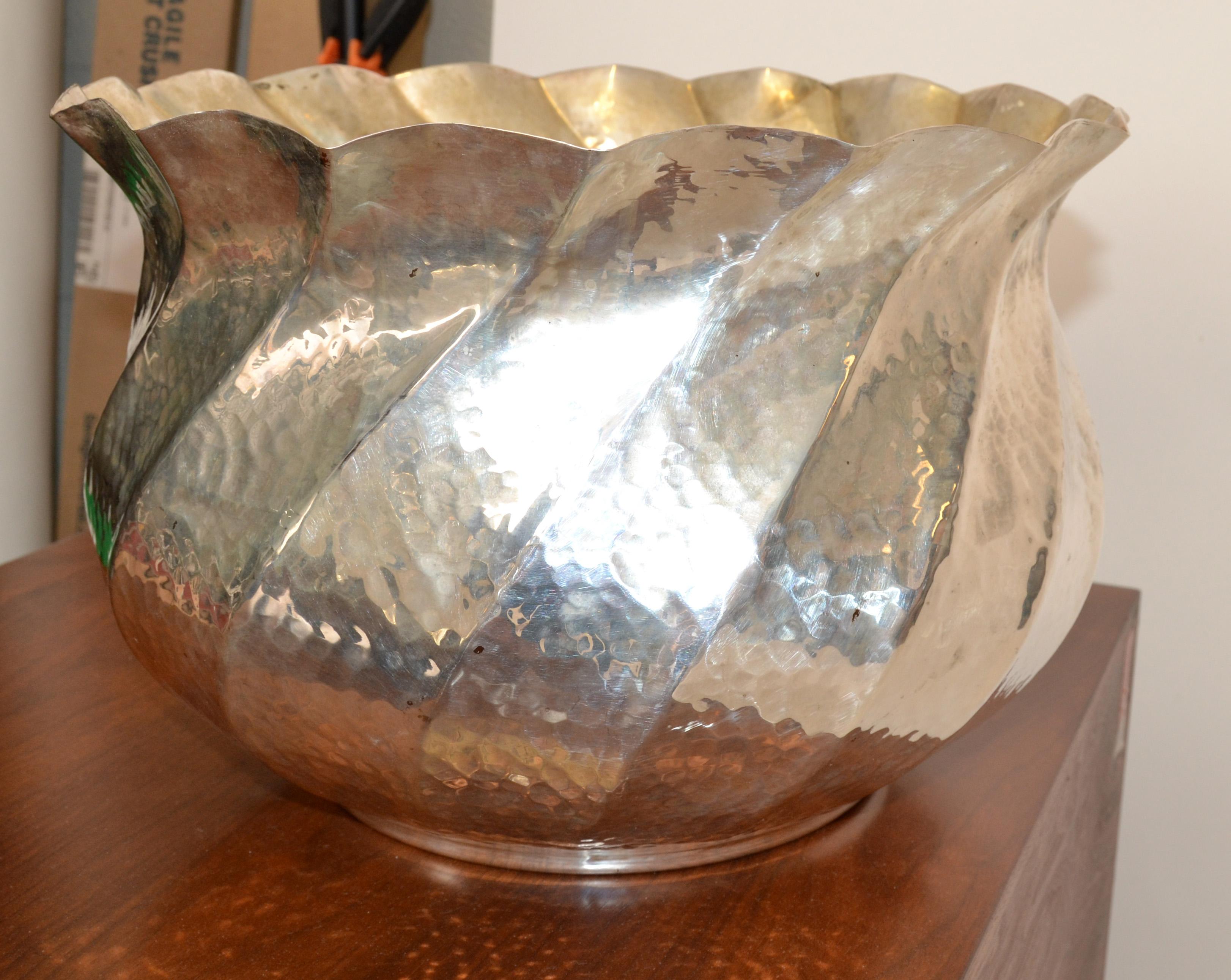 Pair, 1950s Arts And Crafts Silver Plated Large Hammered and Scalloped Planters For Sale 1