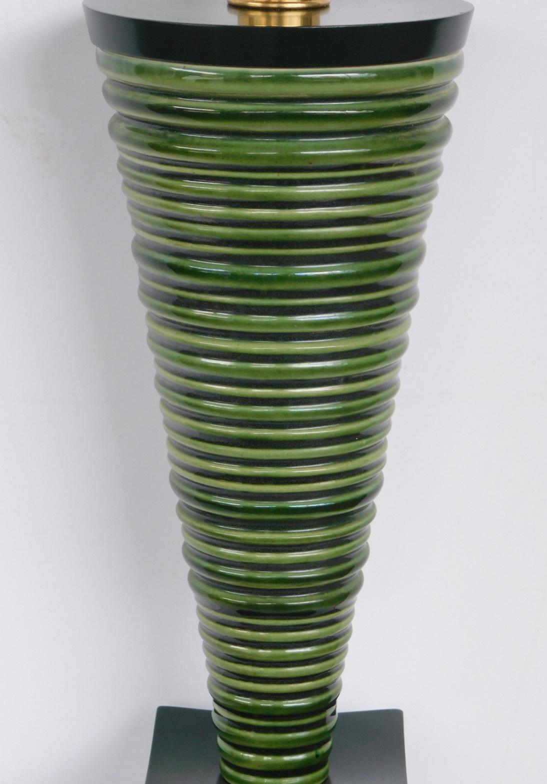 Mid-Century Modern Pair of 1950s Atomic Age Conical-form Green Glazed Ribbed Lamps For Sale