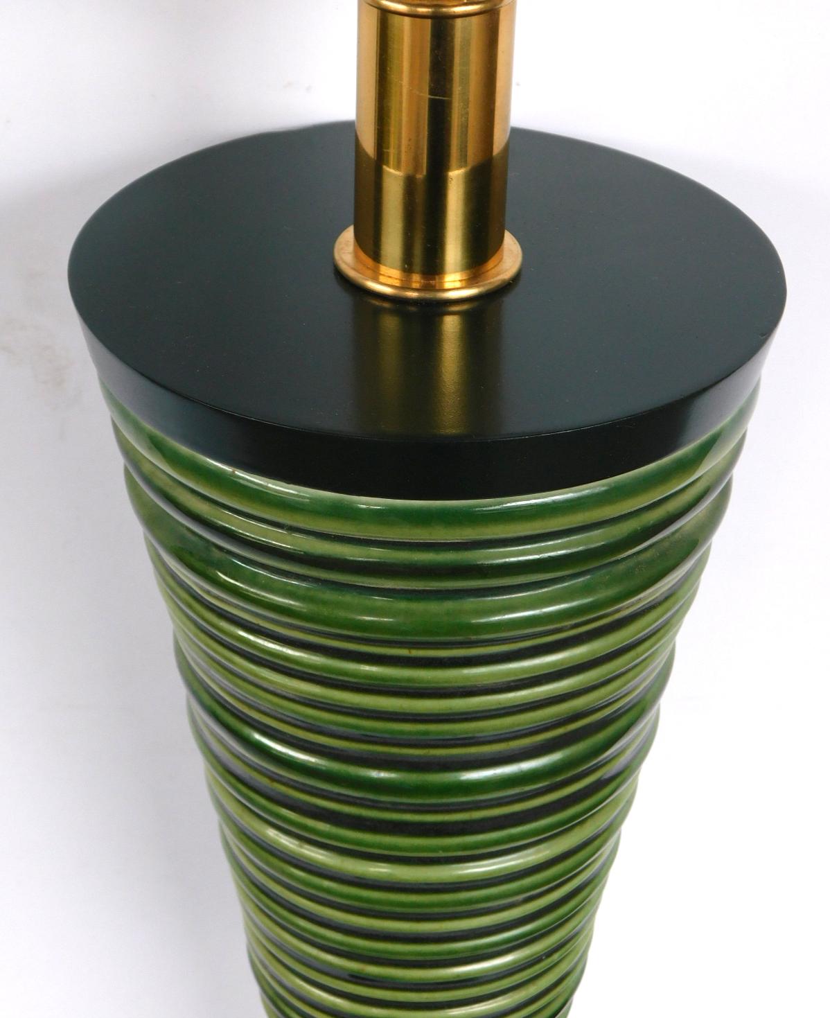 American Pair of 1950s Atomic Age Conical-form Green Glazed Ribbed Lamps For Sale