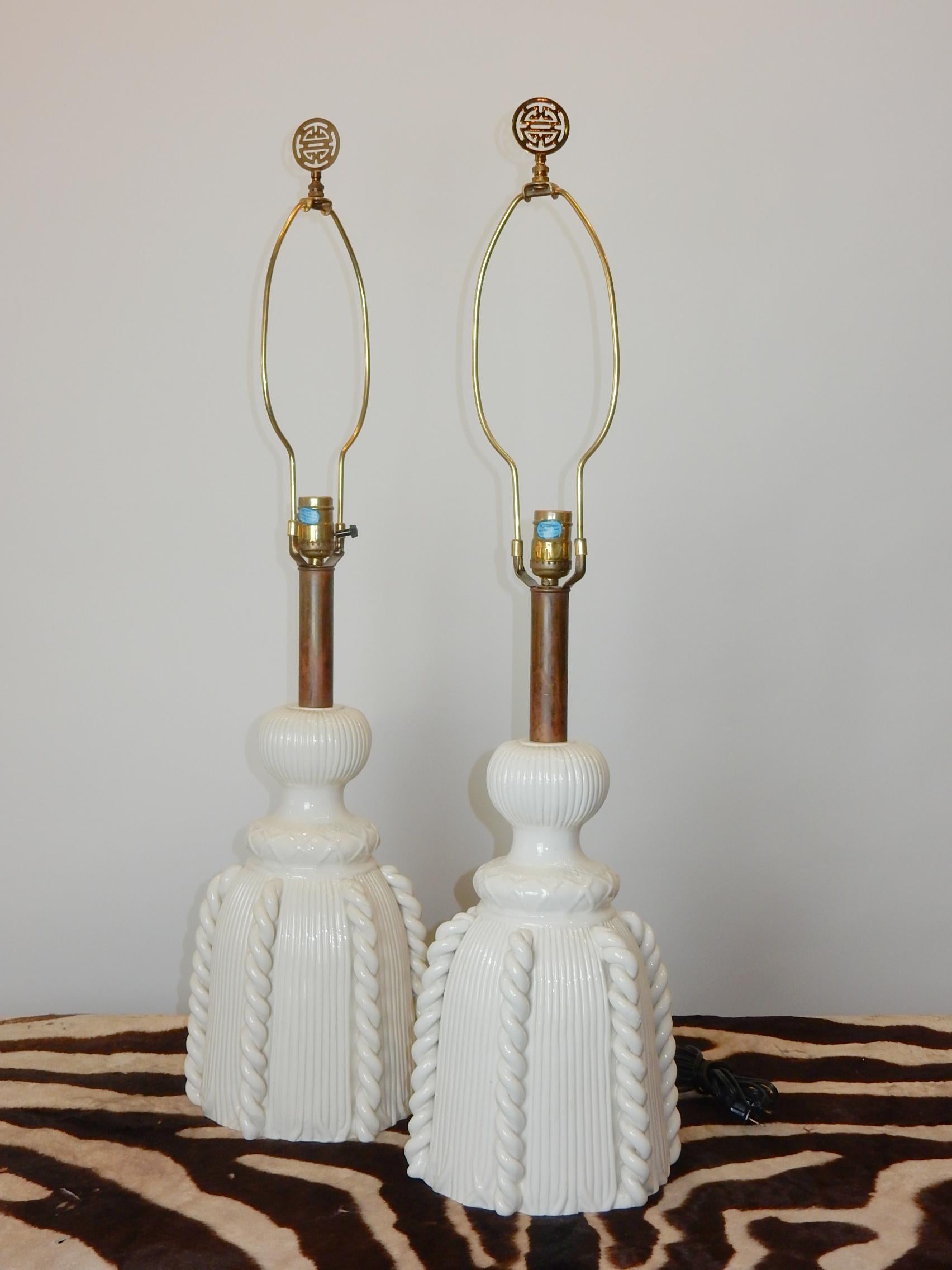 Pair, 1950s Bassanello Italy Blanc de Chine Rope Tassel Lamps In Good Condition In Las Vegas, NV