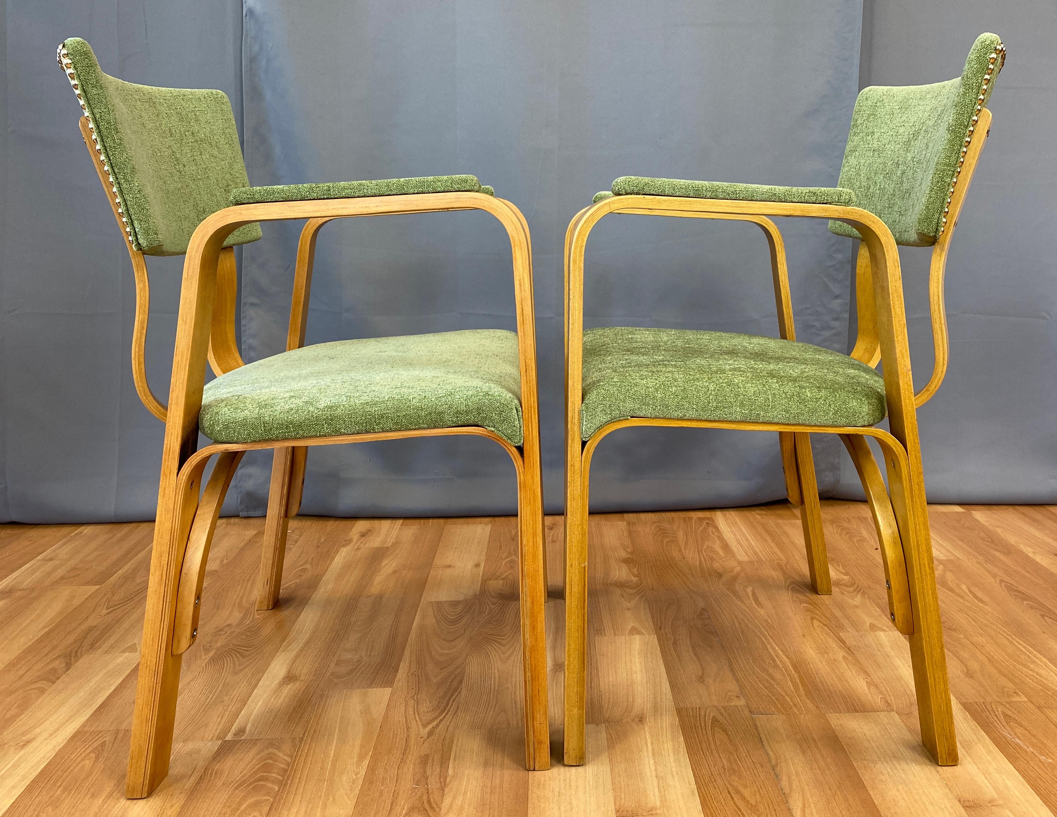 Pair 1950s Bentwood Thonet Armchairs Green Upholstery 6