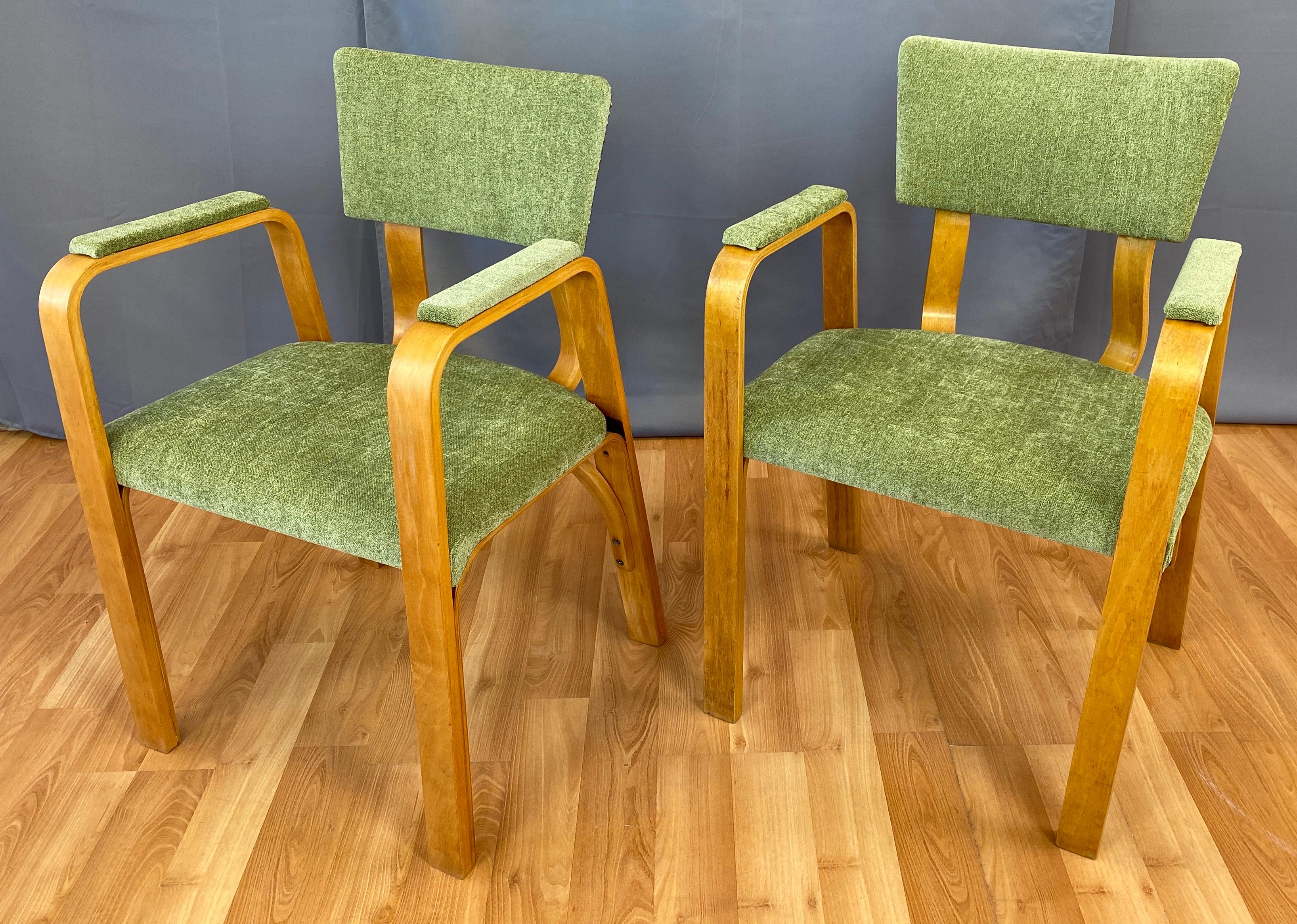 Mid-Century Modern Pair 1950s Bentwood Thonet Armchairs Green Upholstery