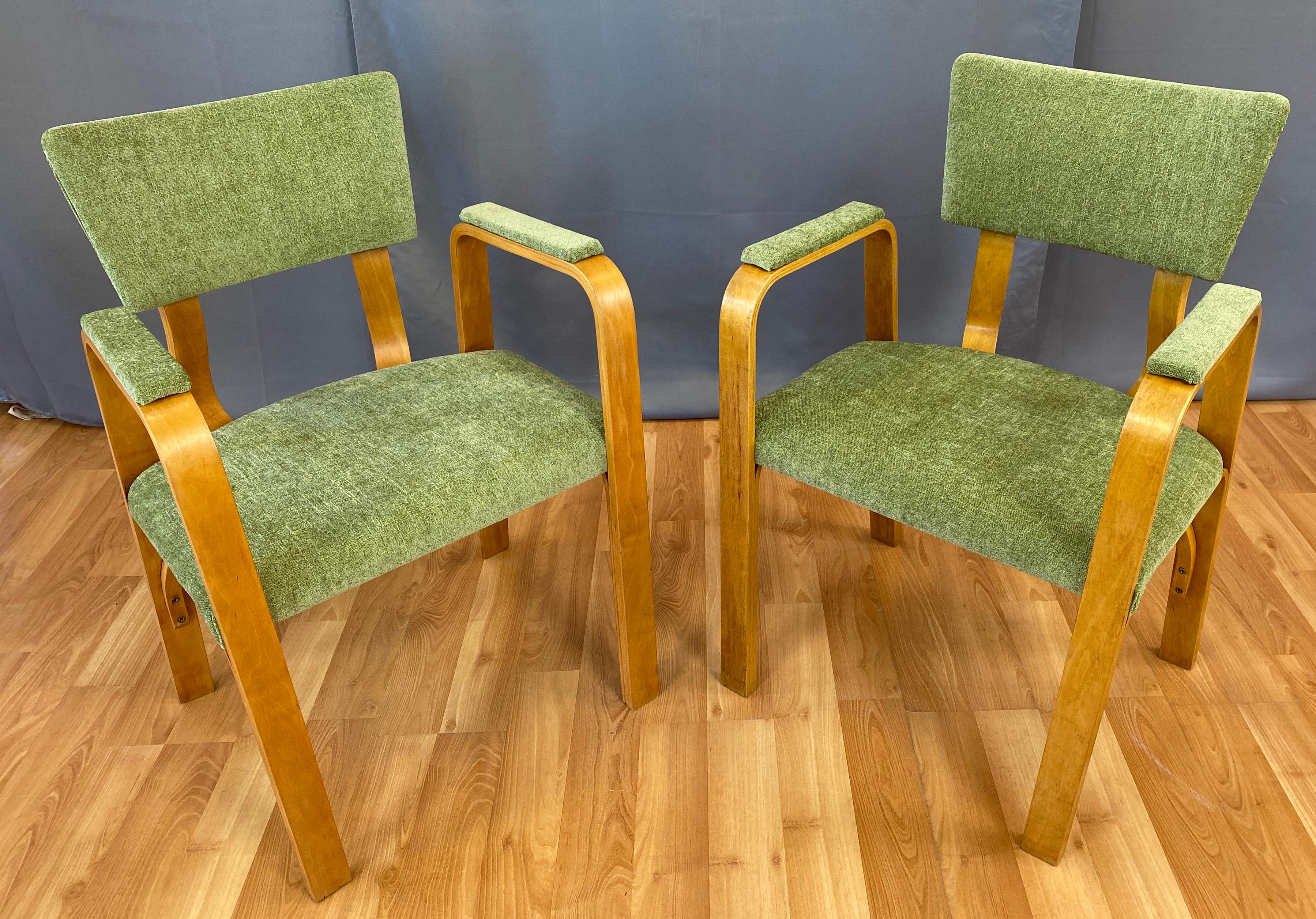 American Pair 1950s Bentwood Thonet Armchairs Green Upholstery