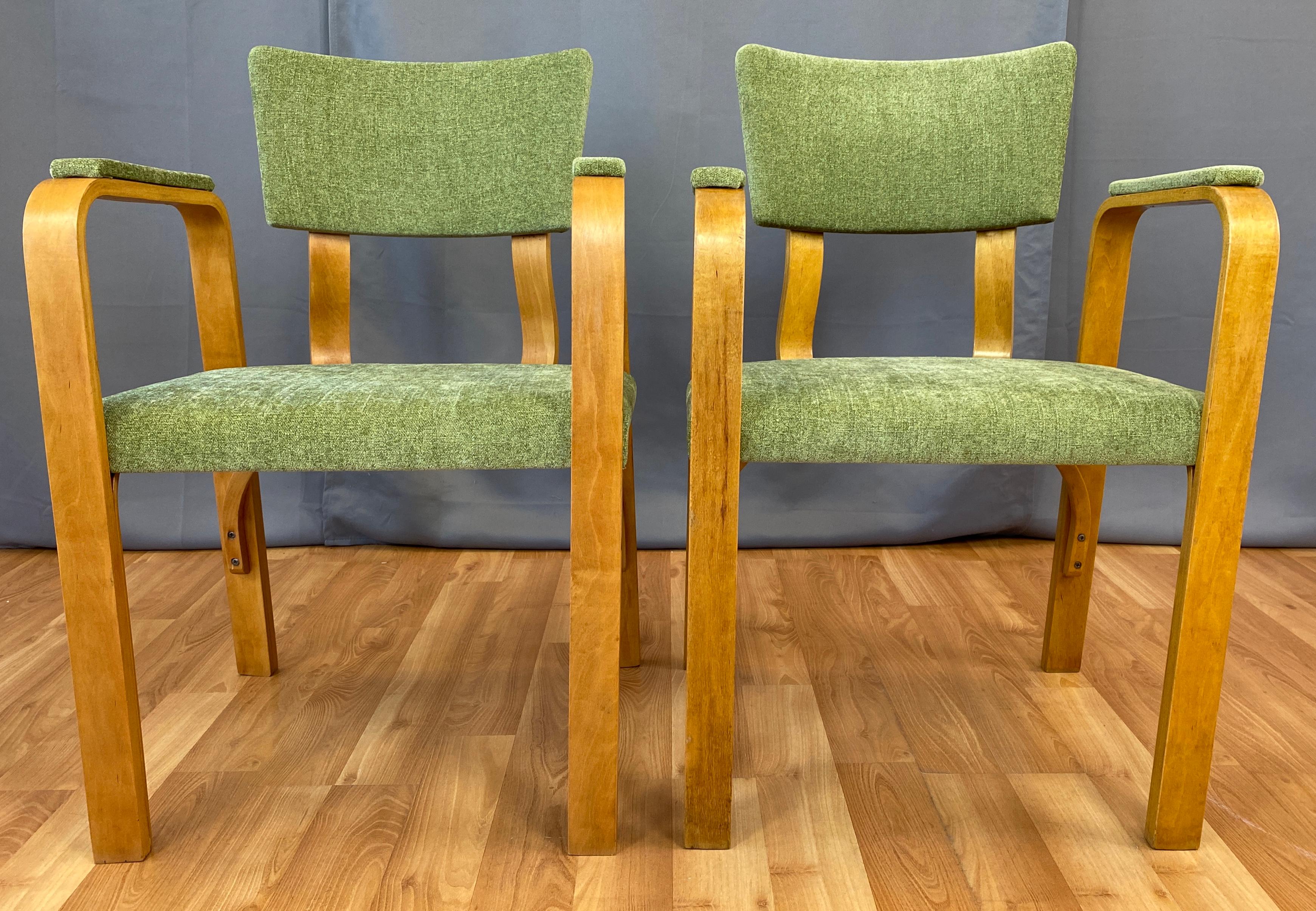Fabric Pair 1950s Bentwood Thonet Armchairs Green Upholstery