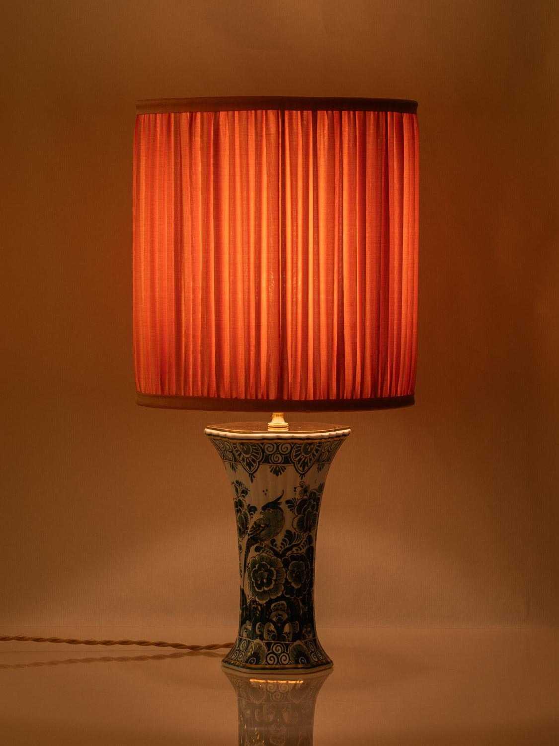 Delft Green Table Lamps (1950-1970) with New Pleated Peach Silk Shades, Set of 2 2
