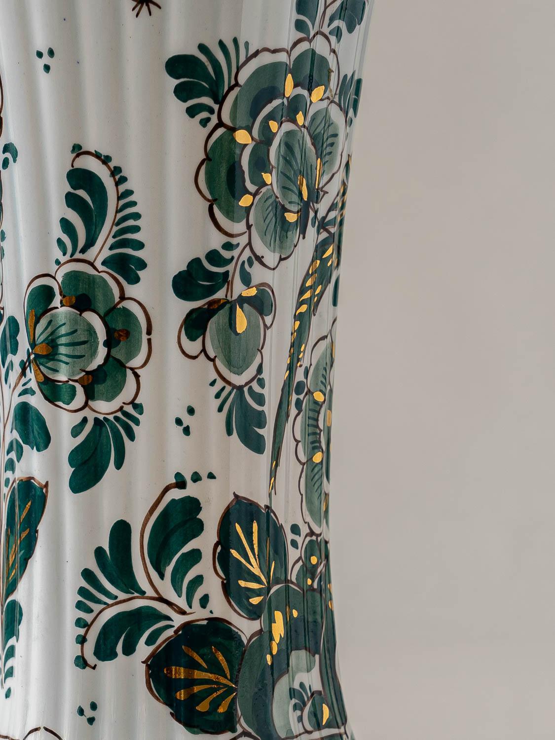 Delft Green Table Lamps (1950-1970) with New Pleated Peach Silk Shades, Set of 2 9