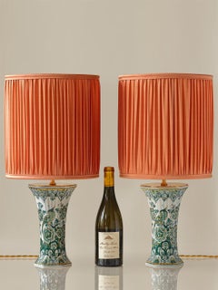 Delft Green Table Lamps (1950-1970) with New Pleated Peach Silk Shades, Set of 2