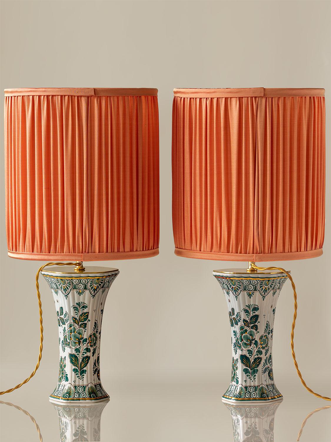 Dutch Delft Green Table Lamps (1950-1970) with New Pleated Peach Silk Shades, Set of 2
