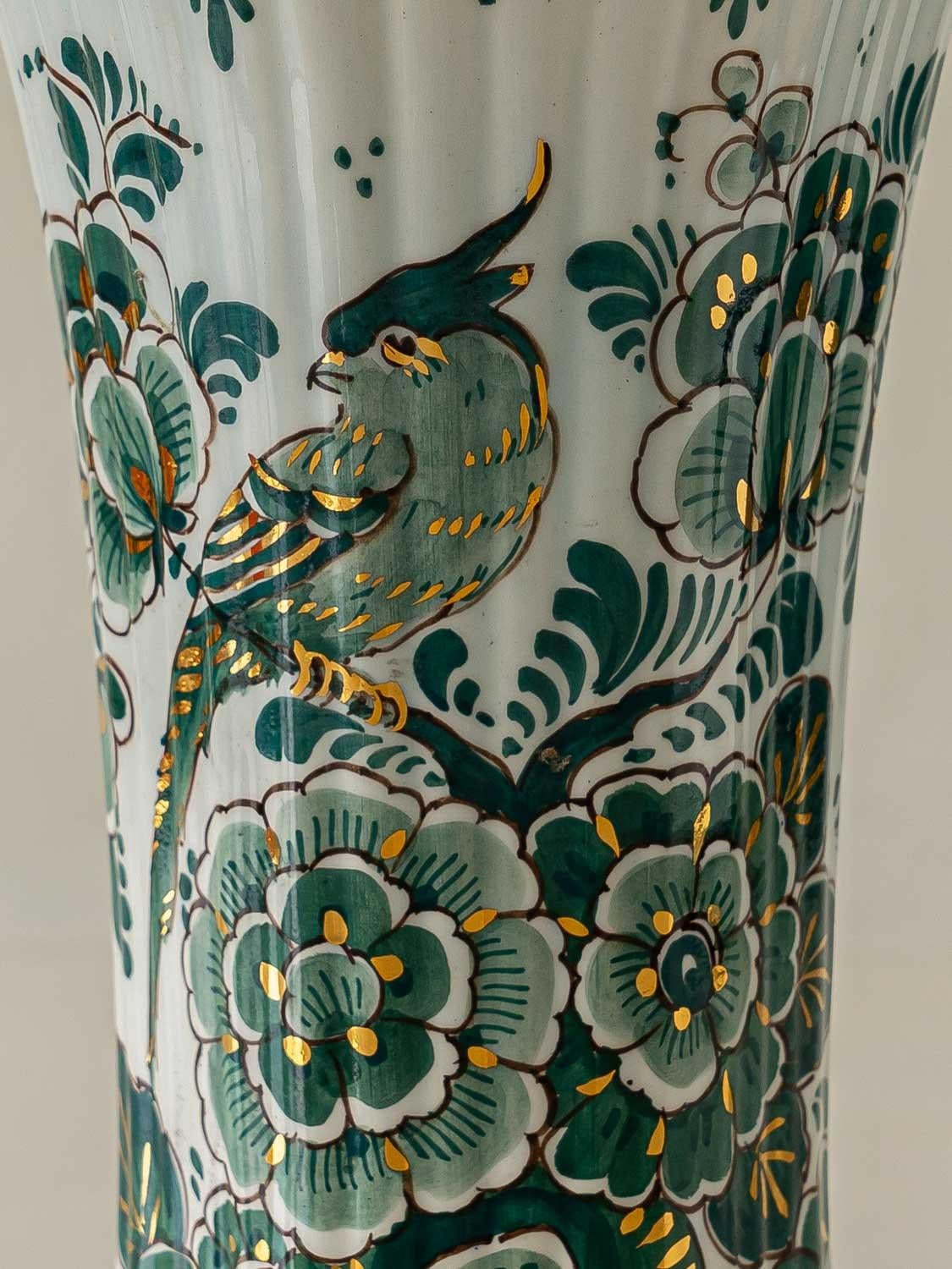 Hand-Crafted Delft Green Table Lamps (1950-1970) with New Pleated Peach Silk Shades, Set of 2