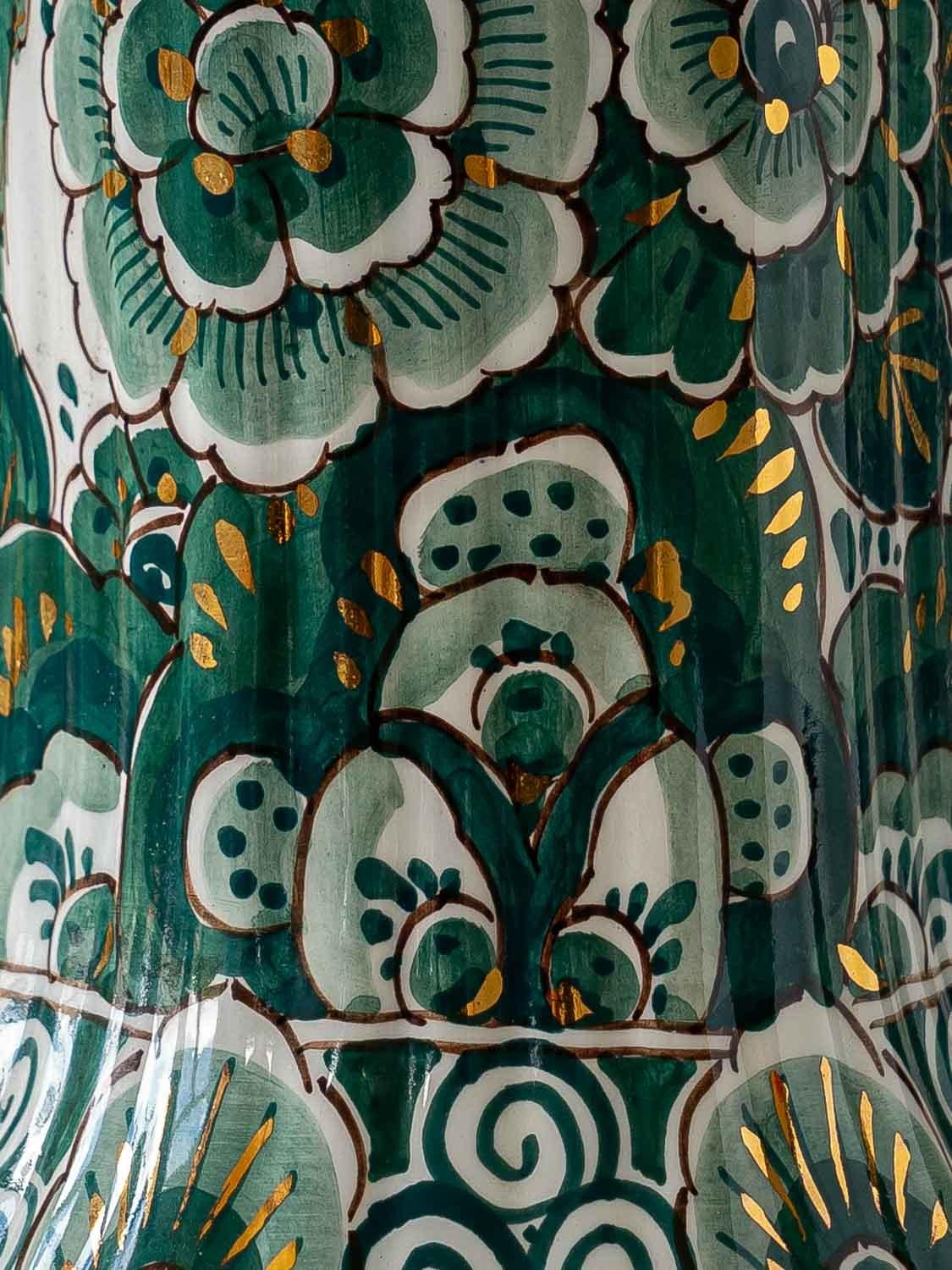 20th Century Delft Green Table Lamps (1950-1970) with New Pleated Peach Silk Shades, Set of 2