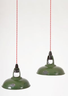 Pair 1950s English Green Enamel Industrial Lamp Shade by Coolicon