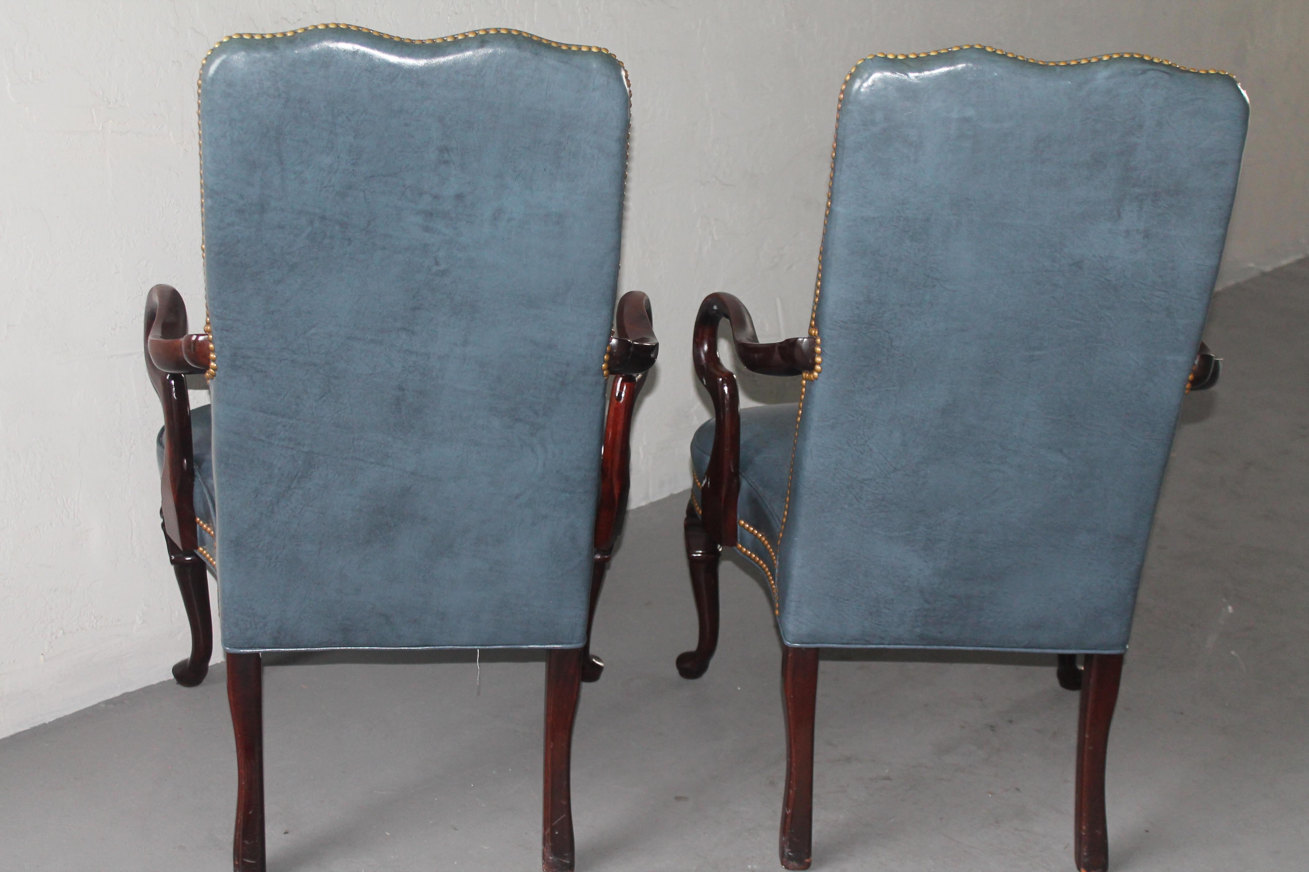 Pair 1950s Fine Furniture Mid Century Carved Wood/ Blue Leather Parsons Chairs 4
