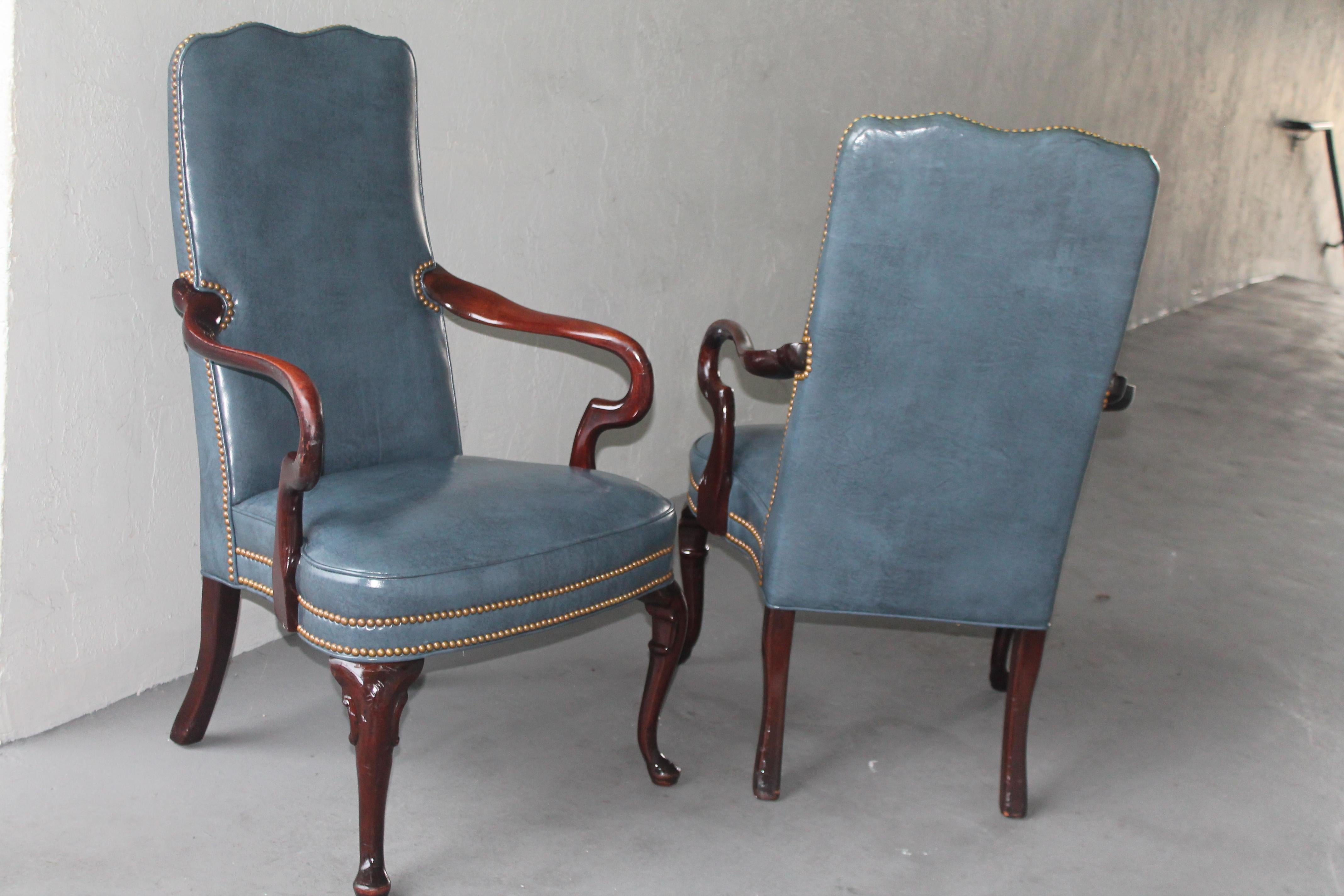 Pair 1950s Fine Furniture Mid Century Carved Wood/ Blue Leather Parsons Chairs 6