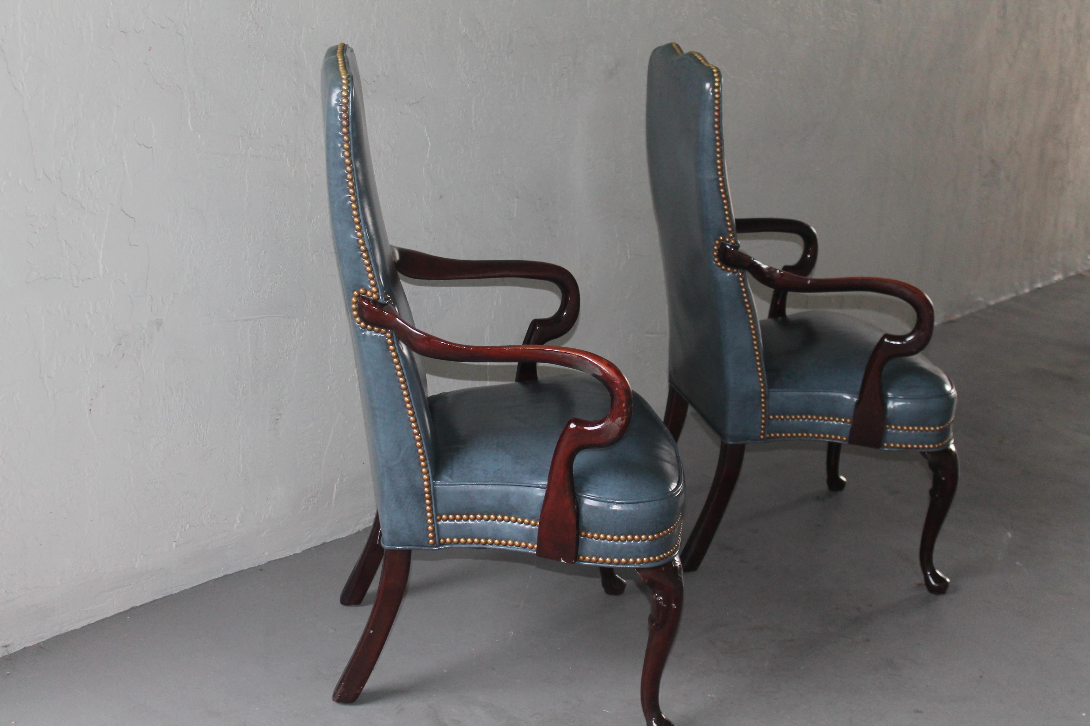 Pair 1950s Fine Furniture Mid Century Carved Wood/ Blue Leather Parsons Chairs 1