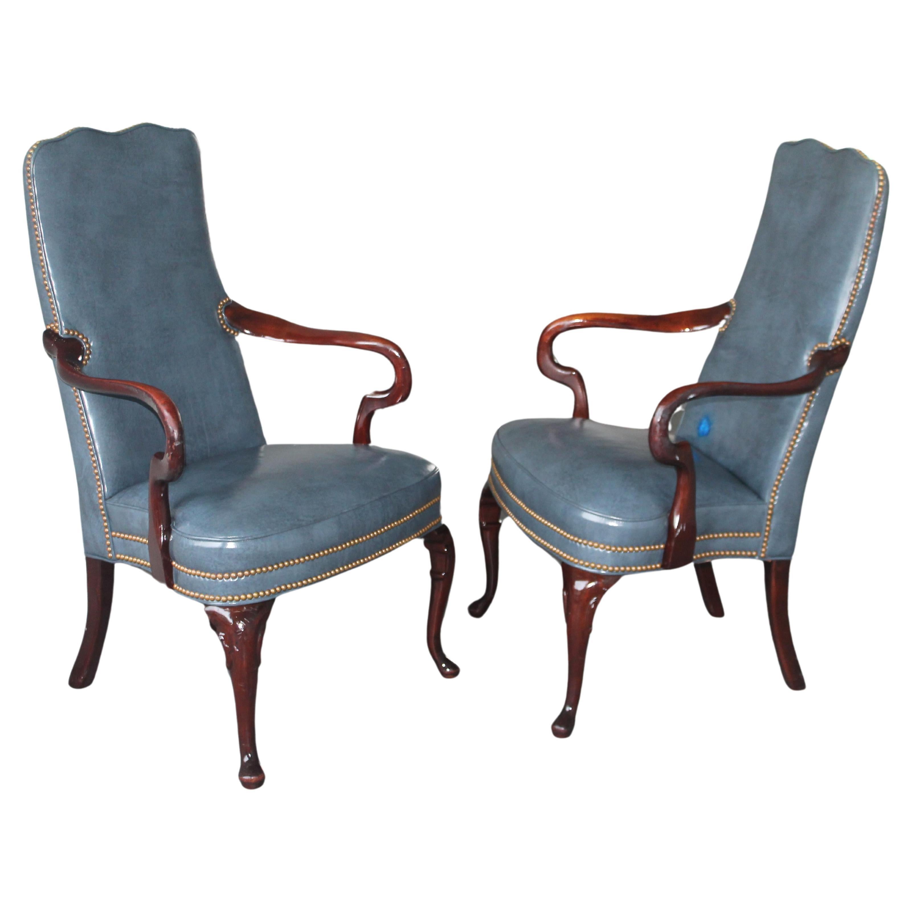 Pair 1950s Fine Furniture Mid Century Carved Wood/ Blue Leather Parsons Chairs For Sale