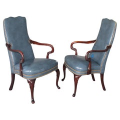 Pair 1950s Fine Furniture Mid Century Carved Wood/ Blue Leather Parsons Chairs
