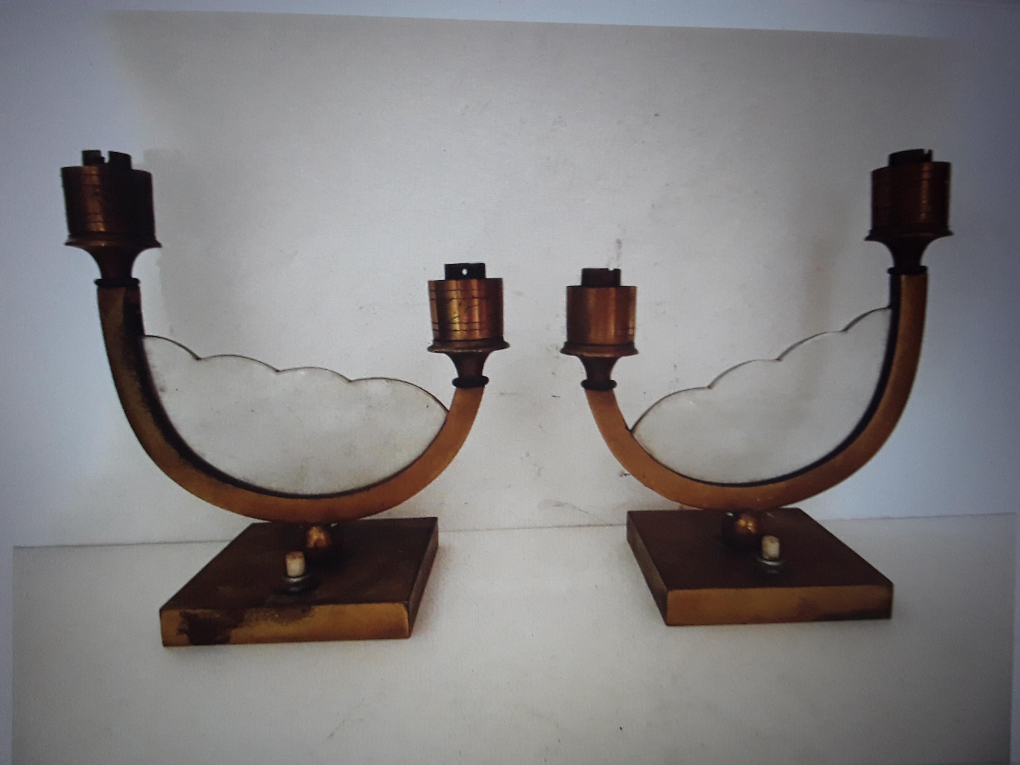 Mid-Century Modern Pair 1950's French Mid Century Modern Gilt Bronze Bed Side Table Lamps  For Sale